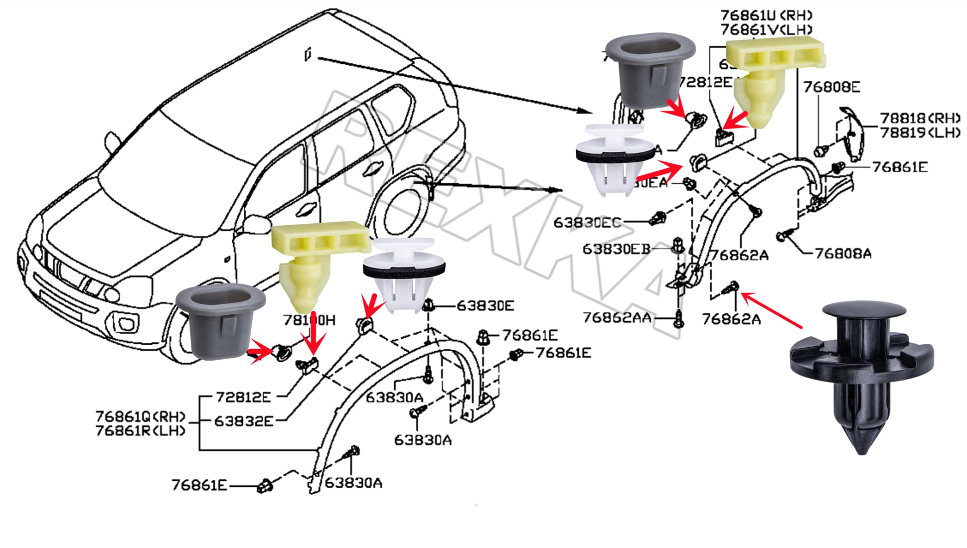 Rexka 46pcs Wheel Well Moulding Clips Kit for Nissan Infiniti - Nylon, 45pcs + Remover, One Size