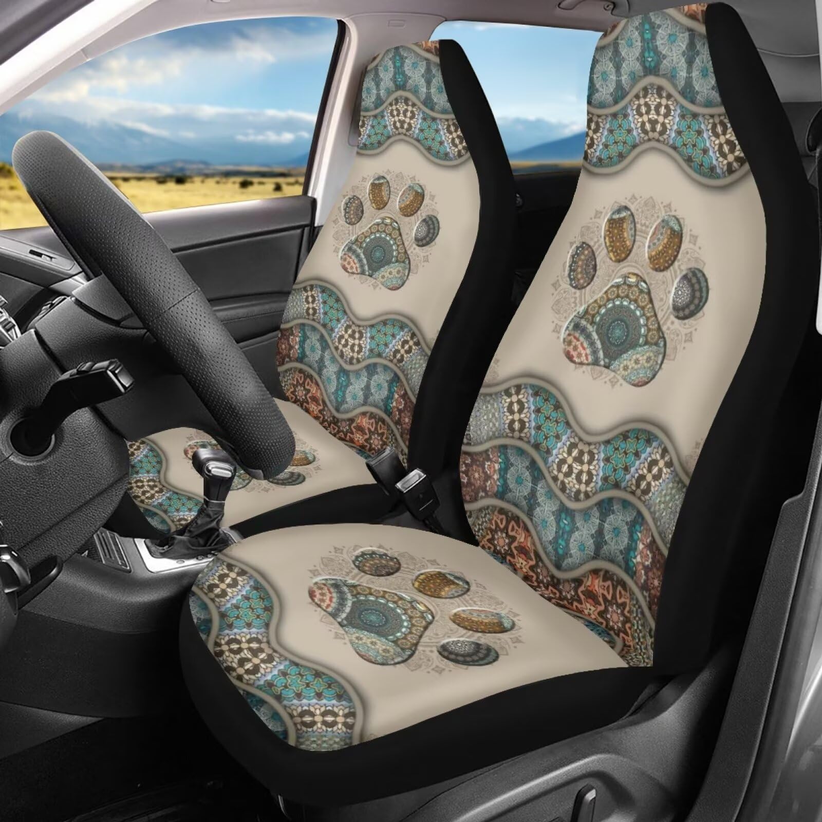 Bigcarjob Boho Car Seat Covers Set For Front Only Boho Dog Paw Print Car Interior Accessories Cute Seat Protector For Cars Saddl