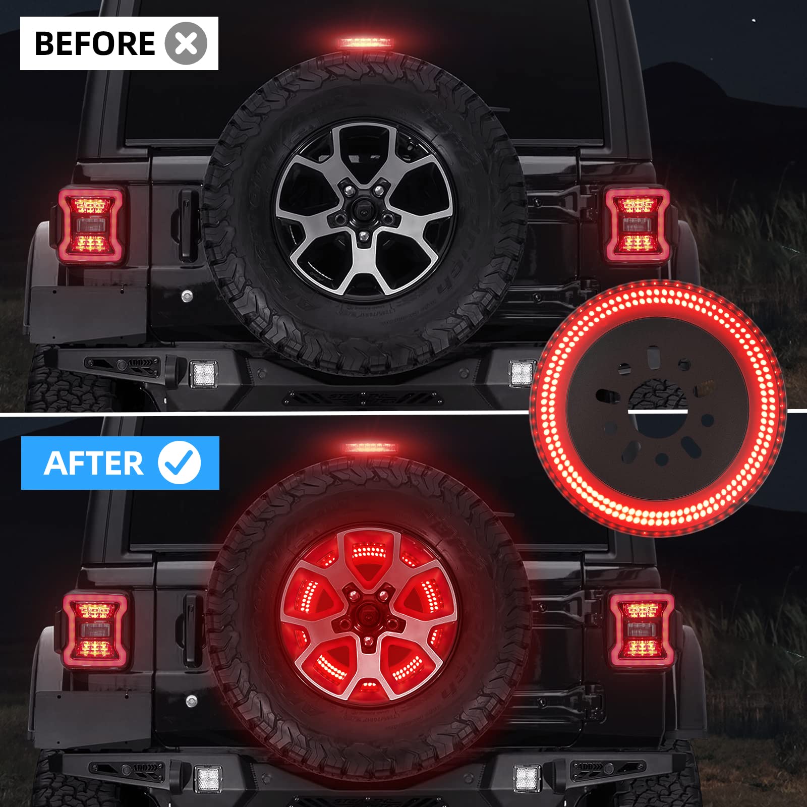 SUPAREE 3-Side Spare Tire Brake Light, 400PCS LED, Fits Jeep Wrangler JL JLU 2018-2025, Bright Red Light