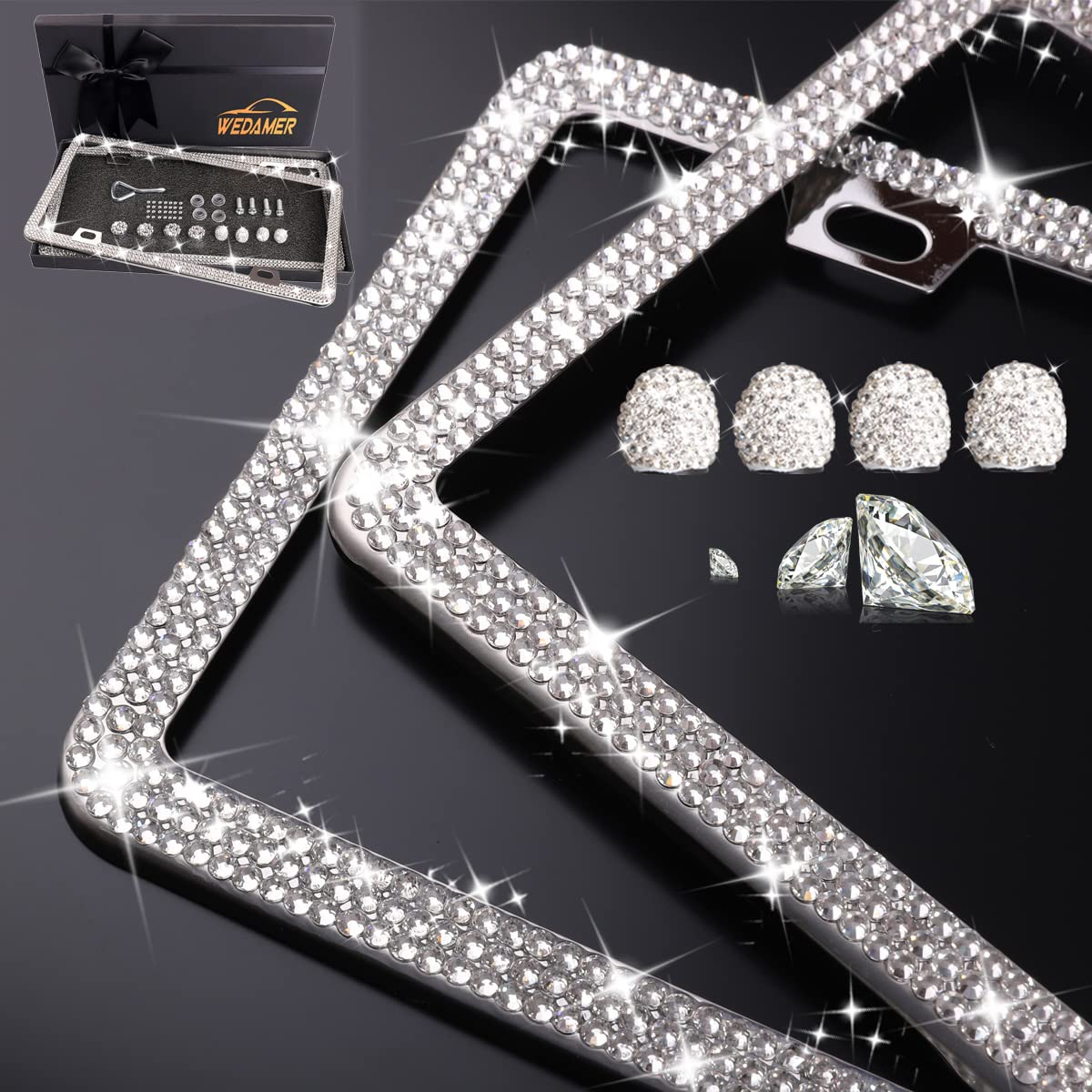 Wedamer 2 Pack Bling License Plate Frames For Women, Sparkly Rhinestone License Plate Frame Diamond License Plate Frame Glitter
