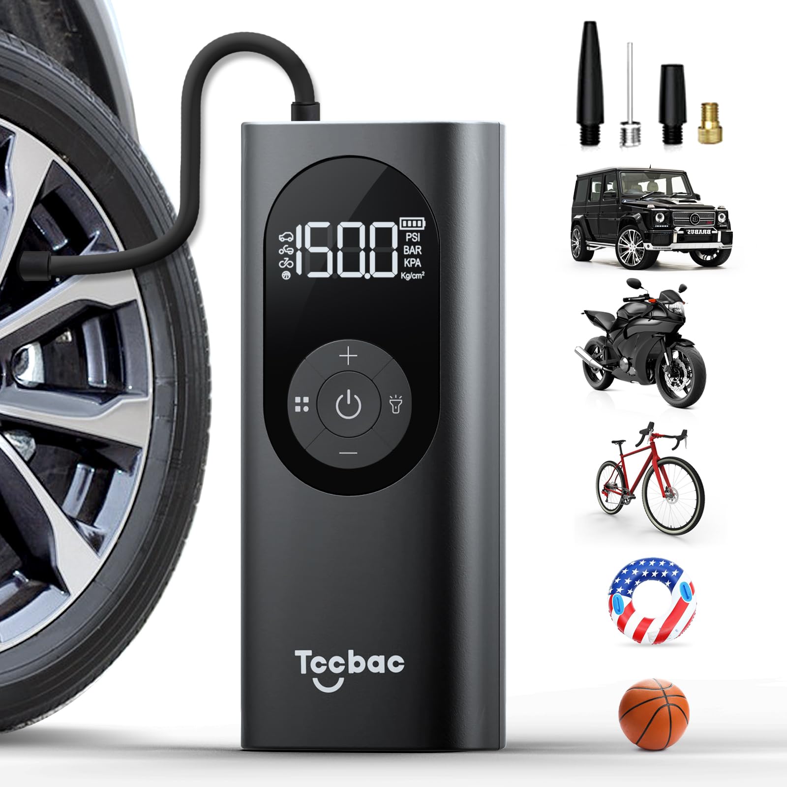 Tire Inflator Portable Air Compressor For Car,Large Motor 2X Fast,Tccbac Bike Pumps With 150 Psi High Pressure Gauge And Led Lig