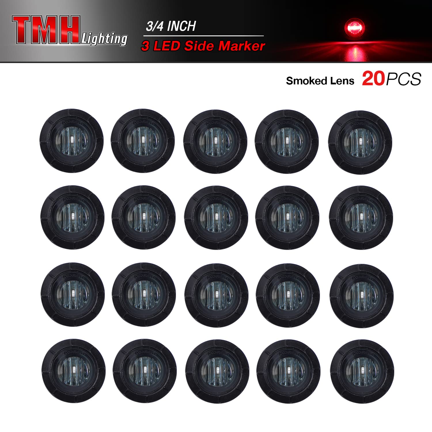 TMH 3/4 Inch Smoked Lens RED LED Marker Lights - Polycarbonate, Small Size, Pack of 20, Ideal for Trailer, Truck, RV, ATV, Bus, Van