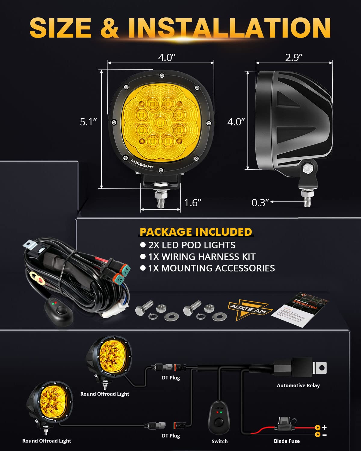 Auxbeam 4 Inch Amber Flood Light Pods, 90W LED Offroad Lights, Aluminum, Model ZDVE000750, Pair