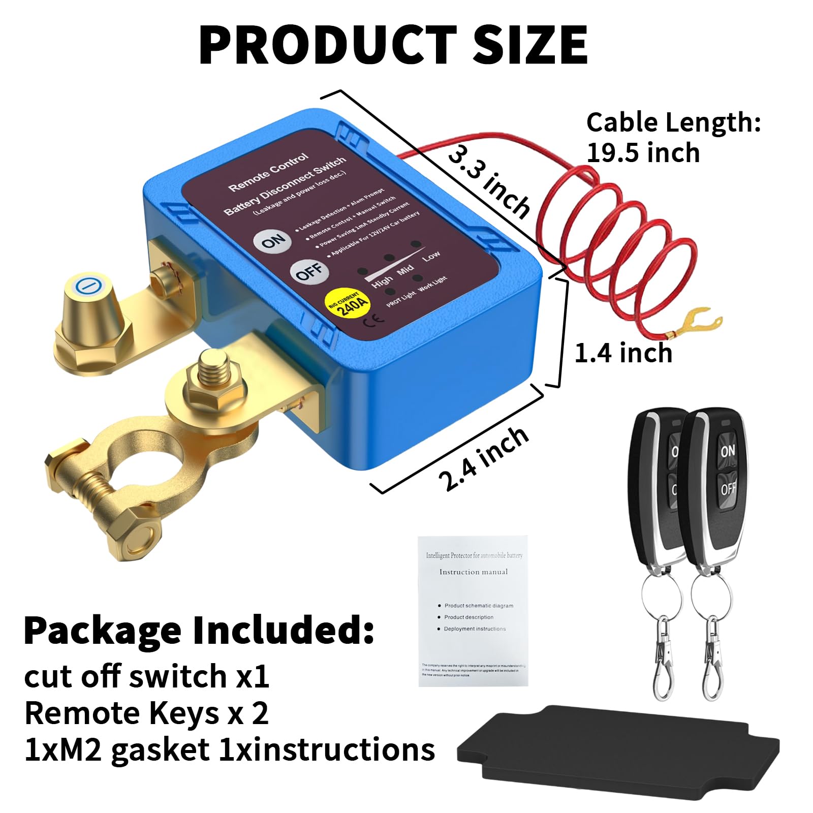 Gasoray Remote Battery Disconnect Switch 12V 240A, Smart Kill Switch for Car, Boat, Motorcycle, RV - Aluminum, Automatic Cut-Off, Anti-Theft