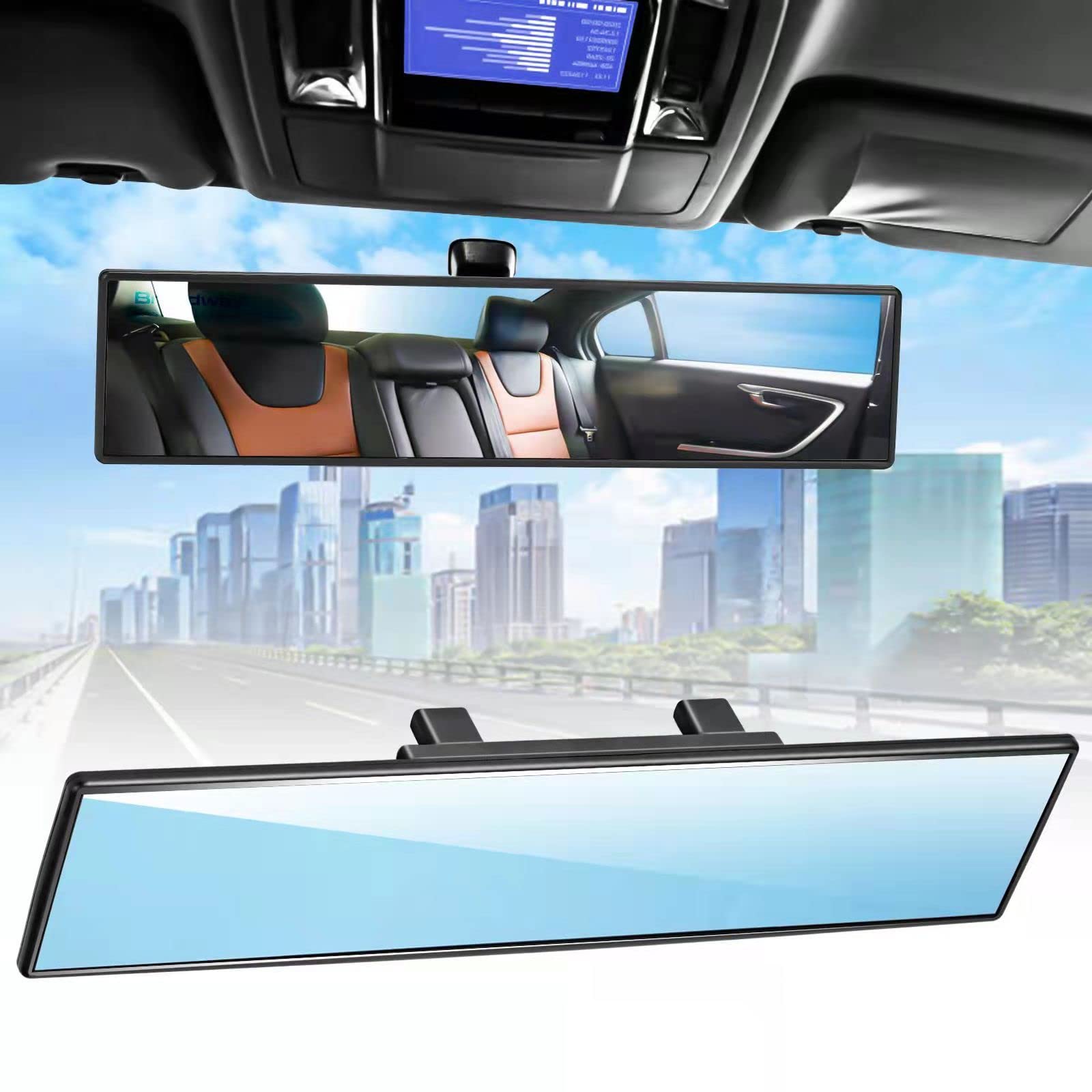 Broadway Car Rear View Mirror HD Anti Glare Universal 12 Inch large Field of View Panoramic Rearview Mirror with Wide Angle Blue Tint for Car SUV and Truck