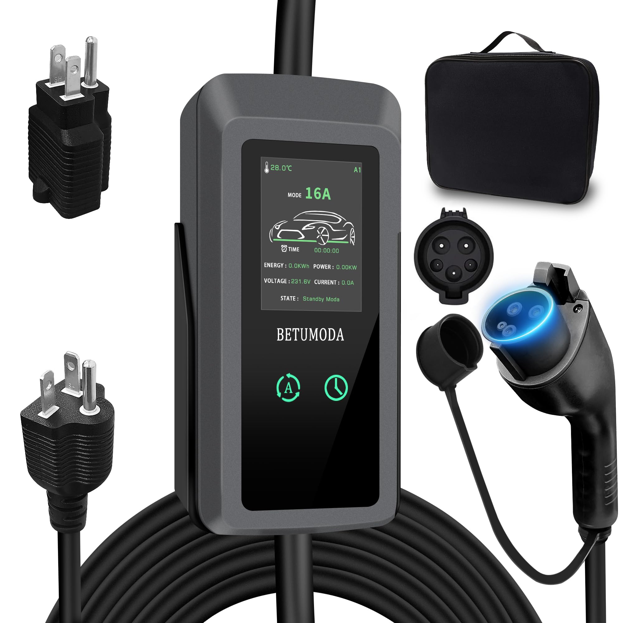 Level 1&2 EV Charger, 16Amp, Portable Charger for Home/Outdoor, 25FT Cable 110V-240V, J1772 Electric Cars, Charging Stations, Cu