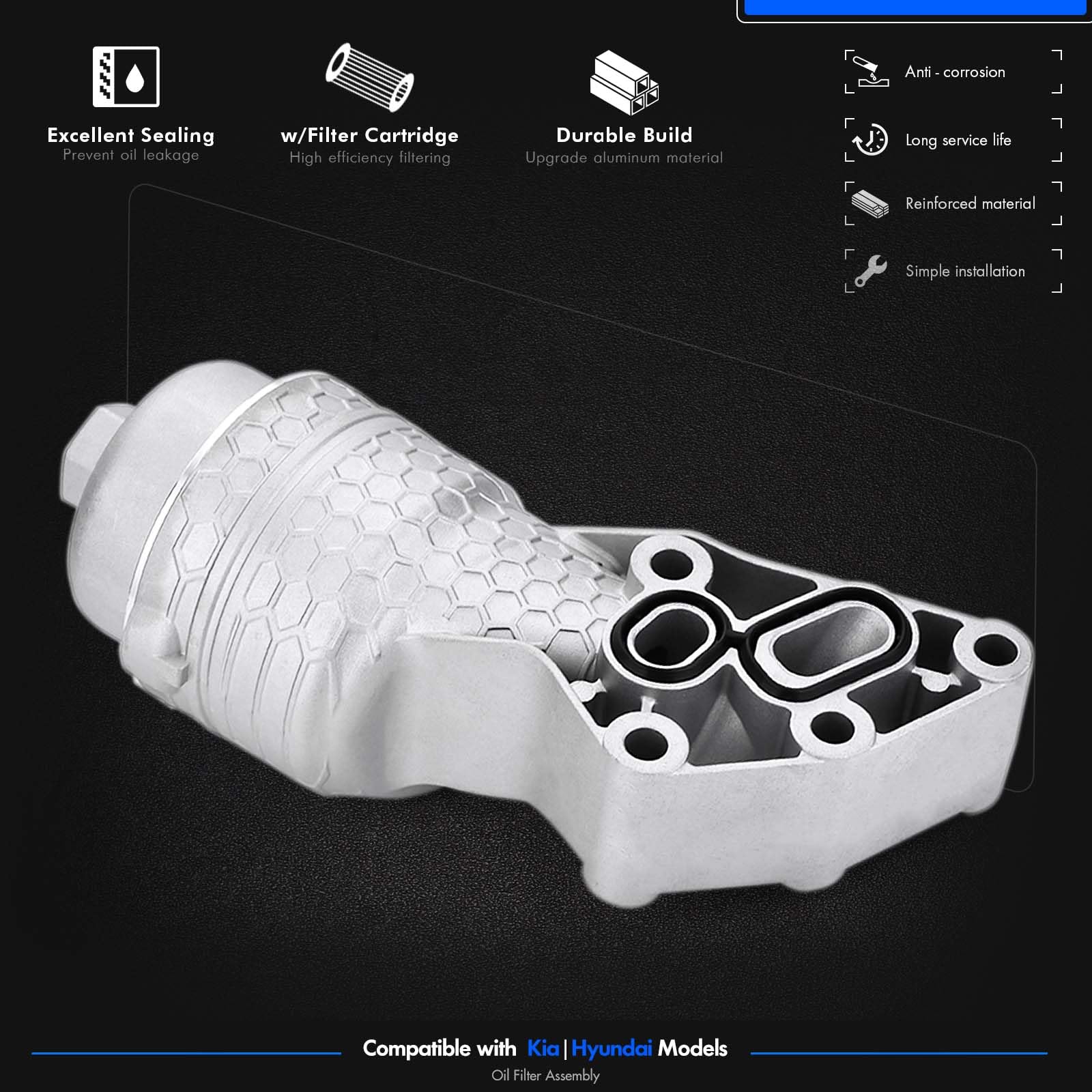 RANHAOYUYUL Aluminum Oil Filter Assembly Kit for Hyundai Palisade, Genesis G80, Kia Telluride, Silver, Model 26300-3LAA0