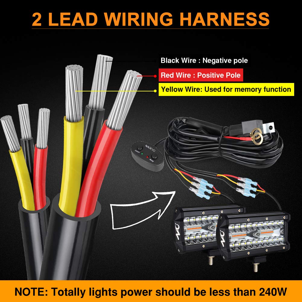 NAOEVO 12FT Wiring Harness for 6 Modes LED Light Bar, 12V 40A Relay, 2 Leads, Durable ABS Material
