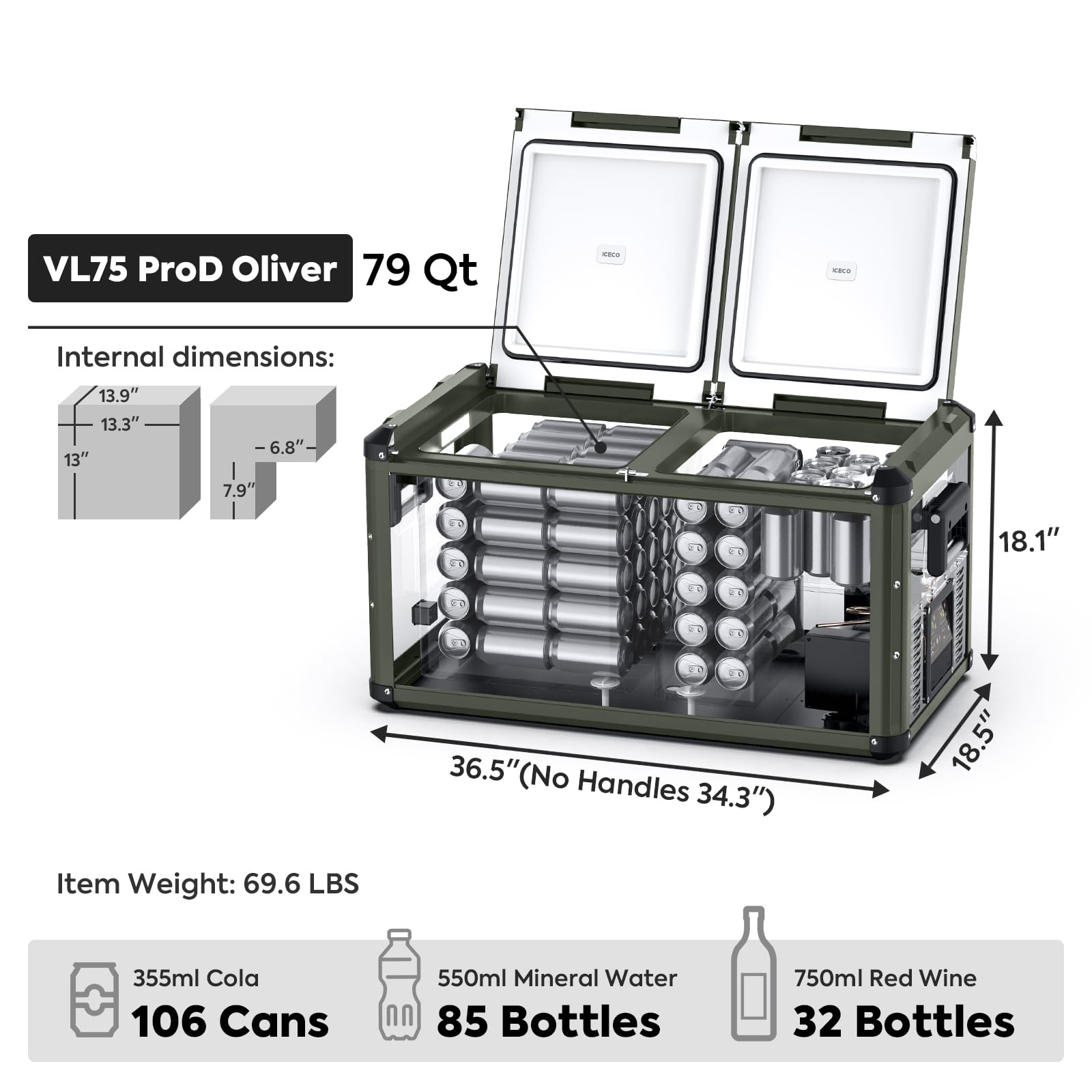Iceco Vl75 Prod 12V Refrigerator, Portable Freezer Fridge With Ac/Dc, 75L Dual Zone Car Fridge Powered By Secop, 0? To 50?, Elec