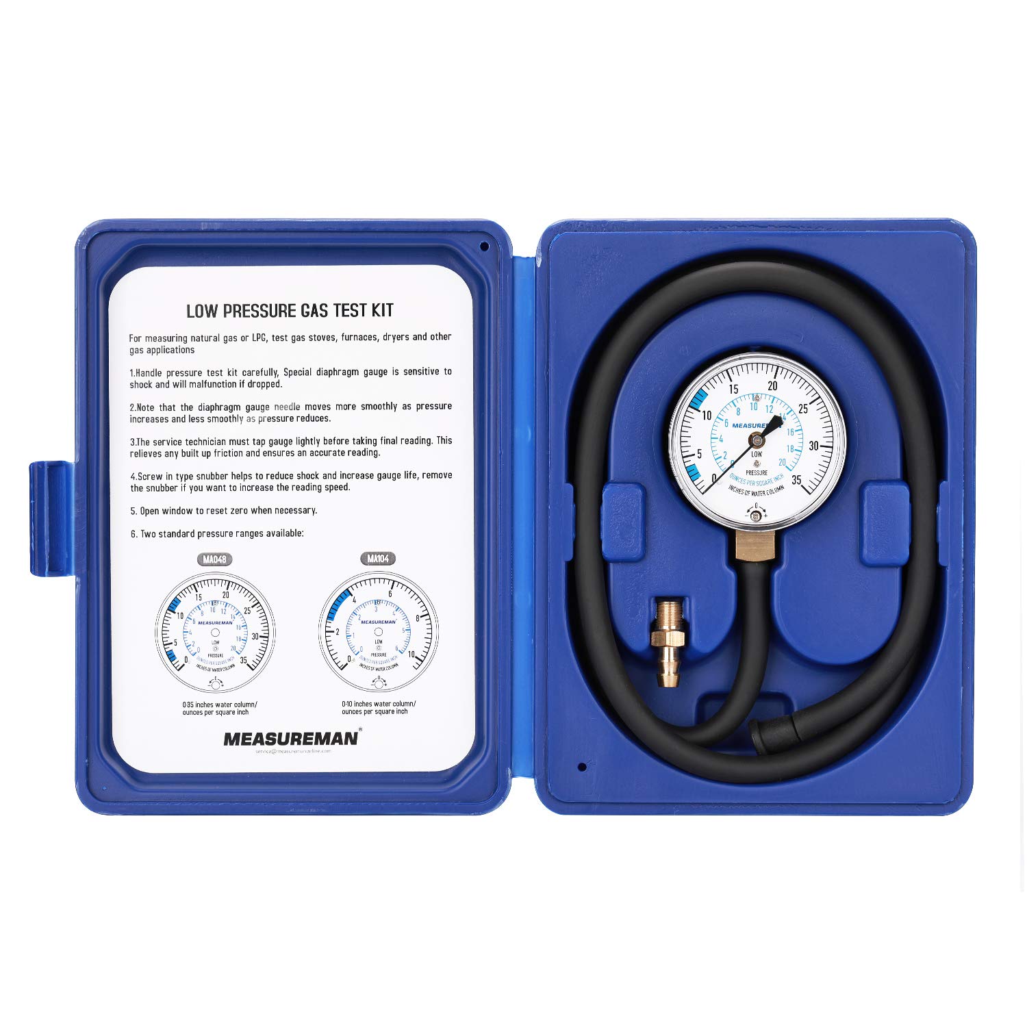 MEASUREMAN Natural Gas or LP Gas Manifold Pressure Test Kit, 0-35 W.C., 1/4 NPT, 40 Length Hose
