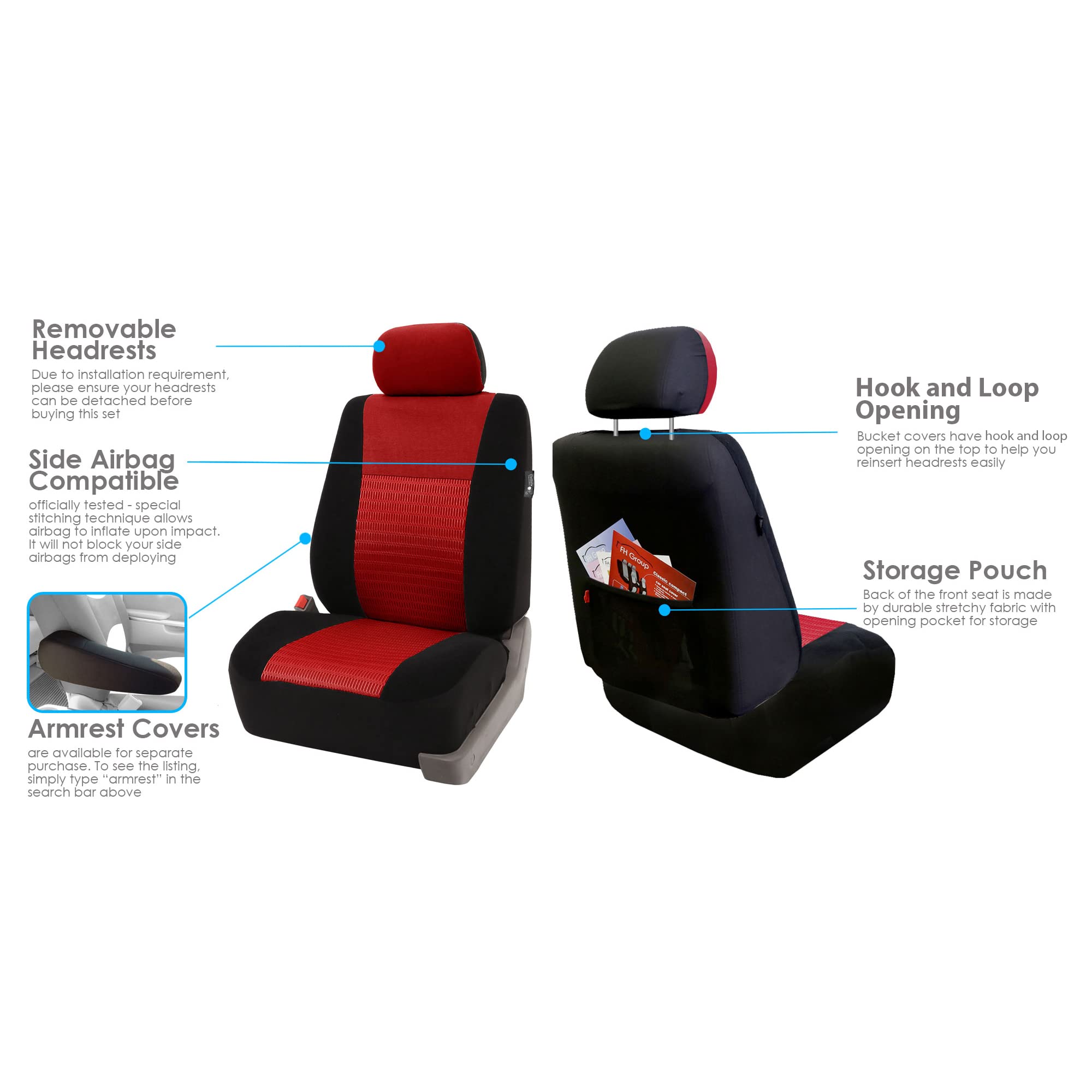 Fh Group Car Seat Covers Trendy Elegance Red Full Set Automotive Seat Covers, Airbag And Split Rear Combo Non-Slip Dash Grip Pad