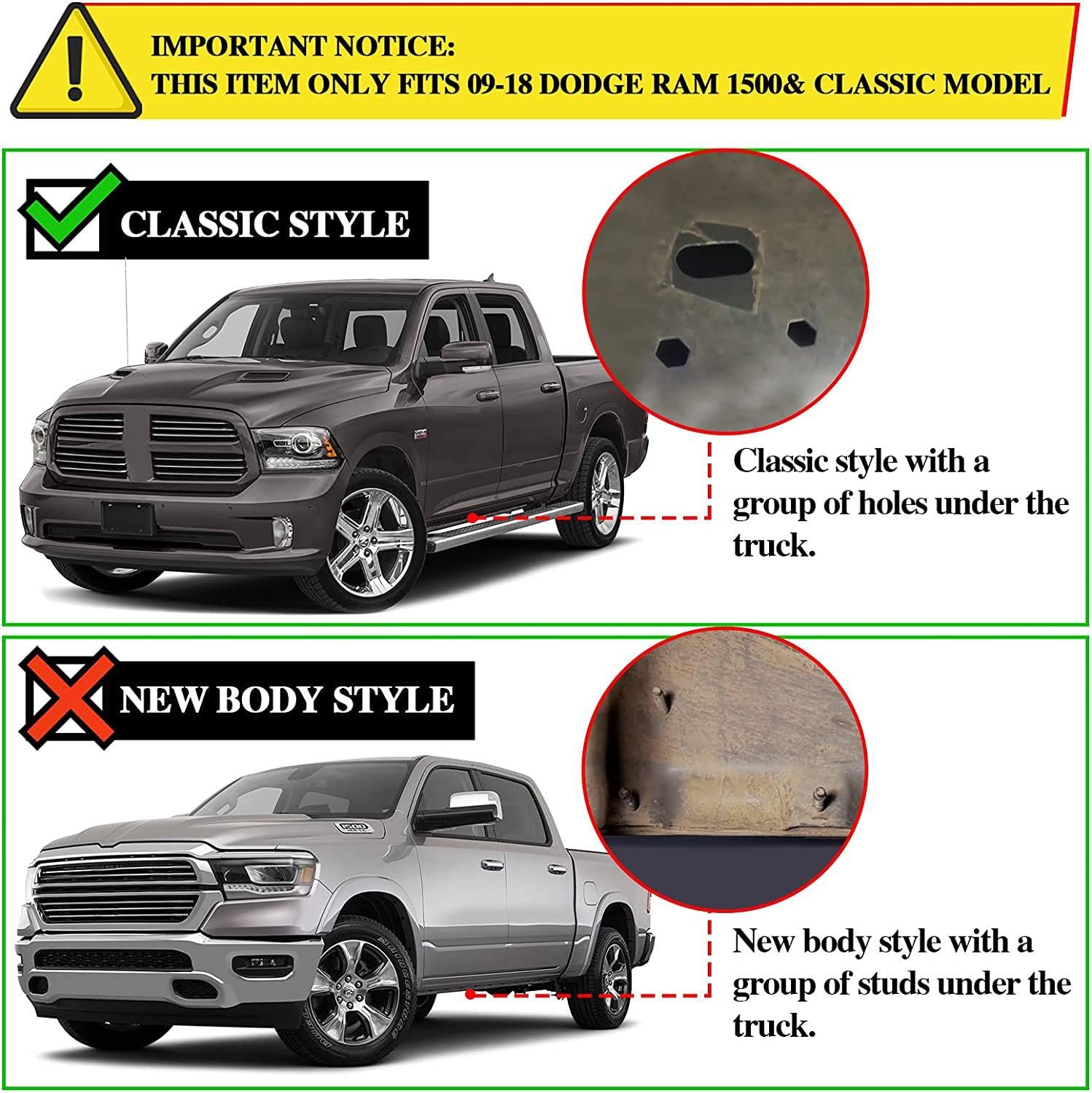 COMNOVA Side Steps Running Boards, 6.5" Rock Sliders, Carbon Steel, Black, Compatible with 2009-2018 Ram 1500 & 2010-2026