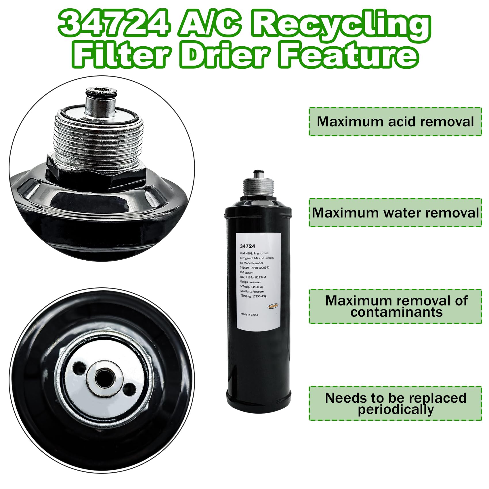 34724 A/C Recycling Filter Drier for Robinair Refrigerant Recovery Recycling Recharge Stations, for 34788ni 34788 34988 34700 34