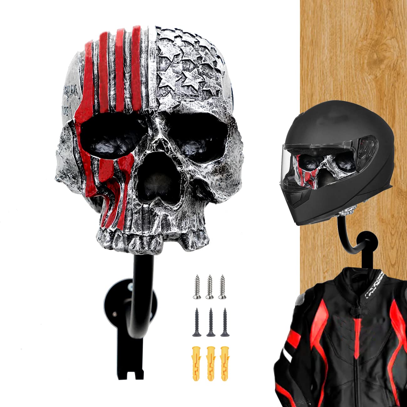 Skull Helmet Holder Motorcycle Helmet Rack, Red Helmet Holder Wall Mount With 2 Hooks Helmet Hanger For Coats, Caps, Baseballs A