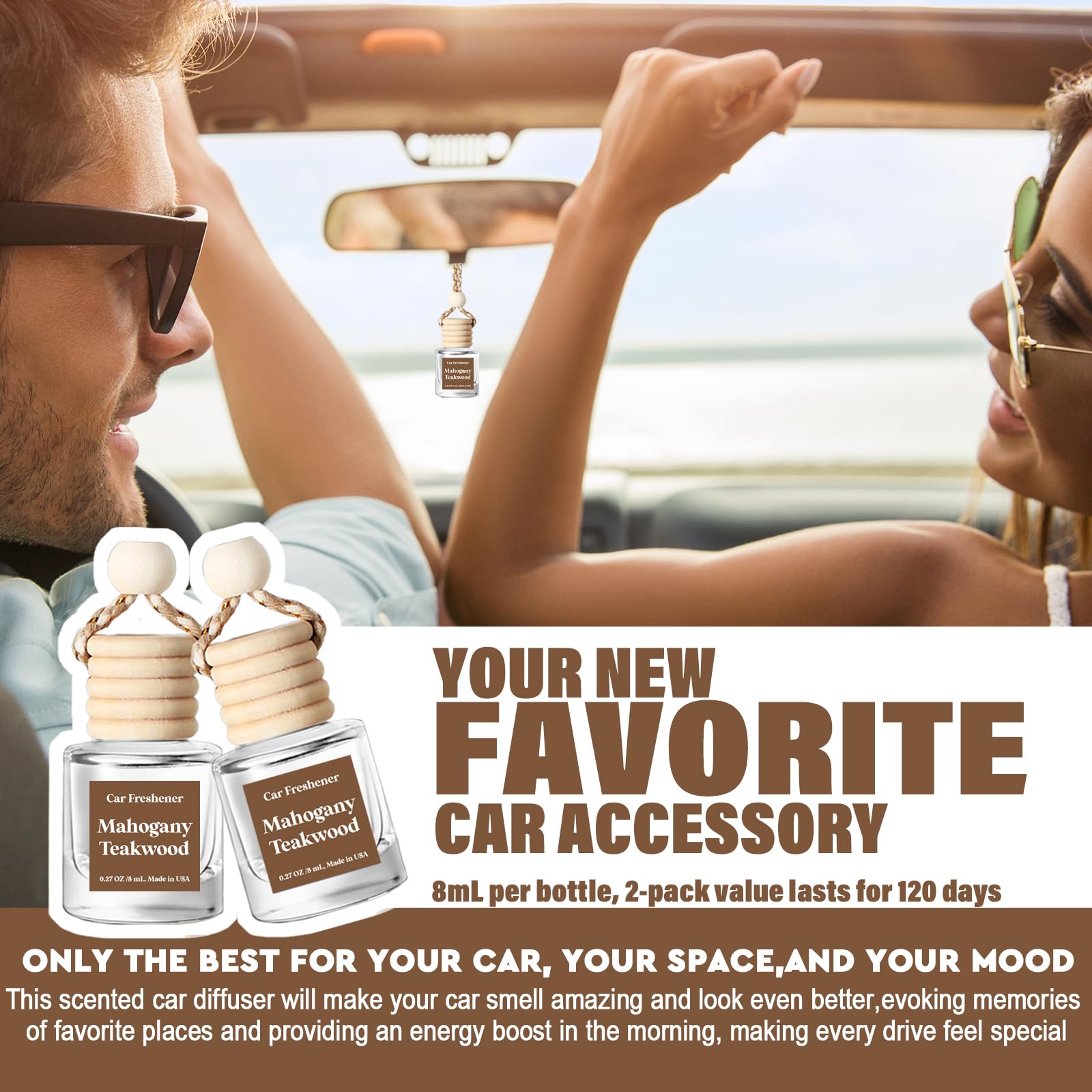 Car Air Freshener Hanging 2 Pack, Mahogany Teakwood Essential Oil Diffuser For Car, Car Air Freshener Cute, 45+ Days Long Lastin