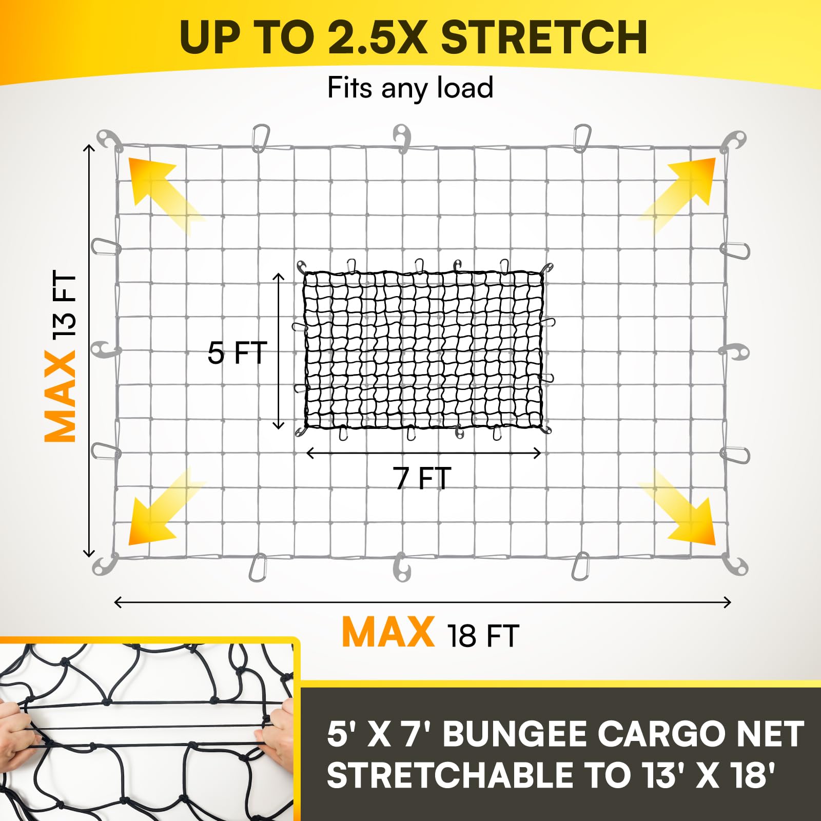 Cakubor 5'X7' Cargo Net For Pickup Truck Bed Suv, Stretches To 13'X18' Roof Rack Cargo Net, 4.9''X4.9'' Mesh Bungee Netting With