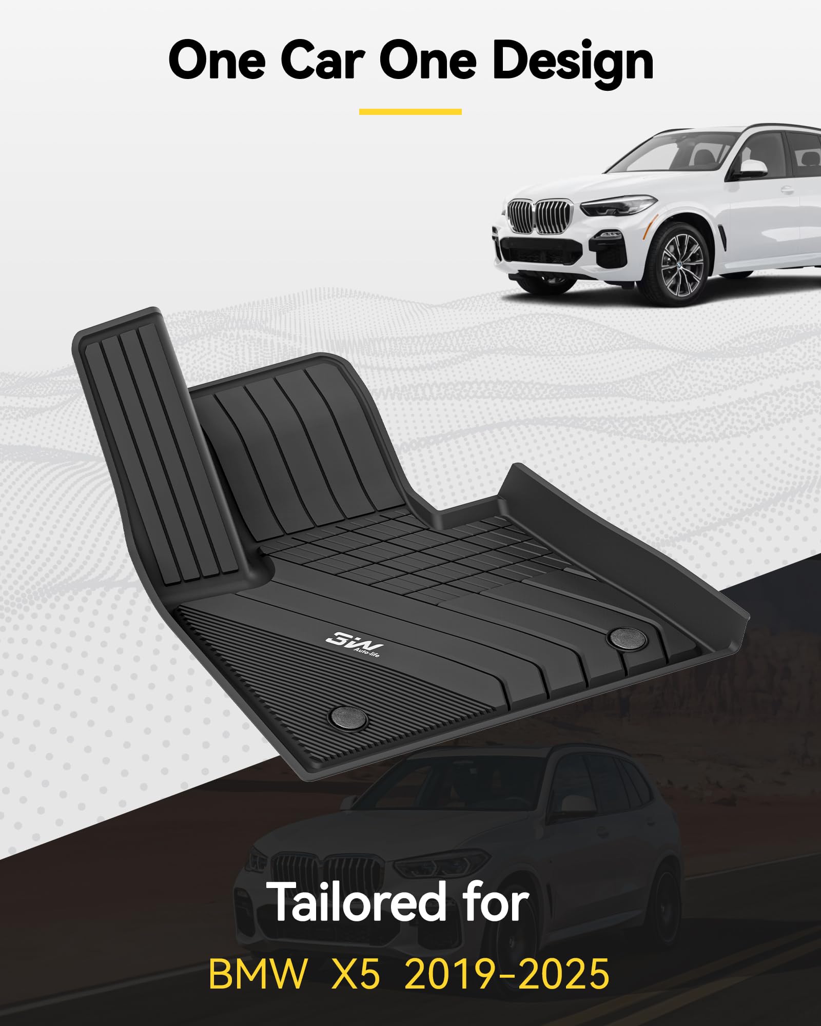 3W BMW X5 Floor Mats, TPE All Weather Custom Fit, 2019-2026, Black, 1st & 2nd Rows, 5 Passenger Seat
