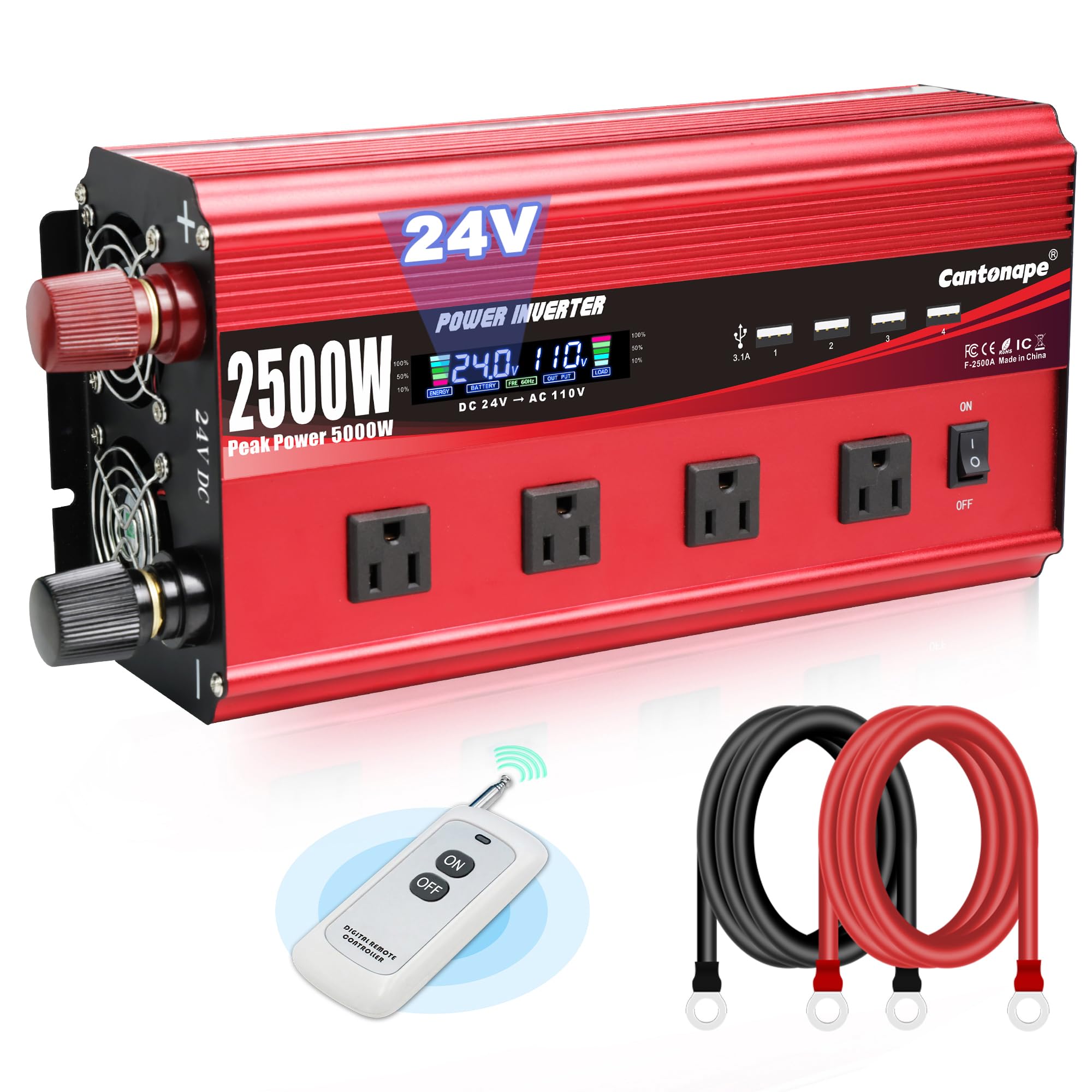Cantonape 2500W Power Inverter 24V to 110V/120V DC to AC with LCD Display, Remote Controller 4 x AC Outlets and 4 x 3.1A USB Car