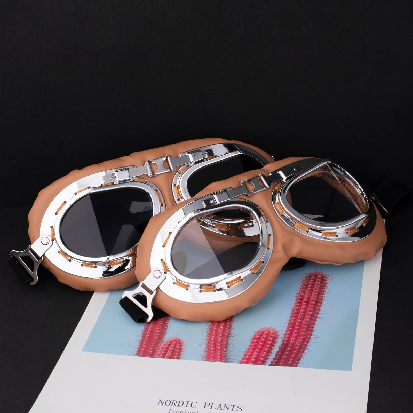 Peicees Vintage Helmet Goggles Motorcycle Goggles Bike Motorcross Pilot Goggle, Copper Silver-Clear