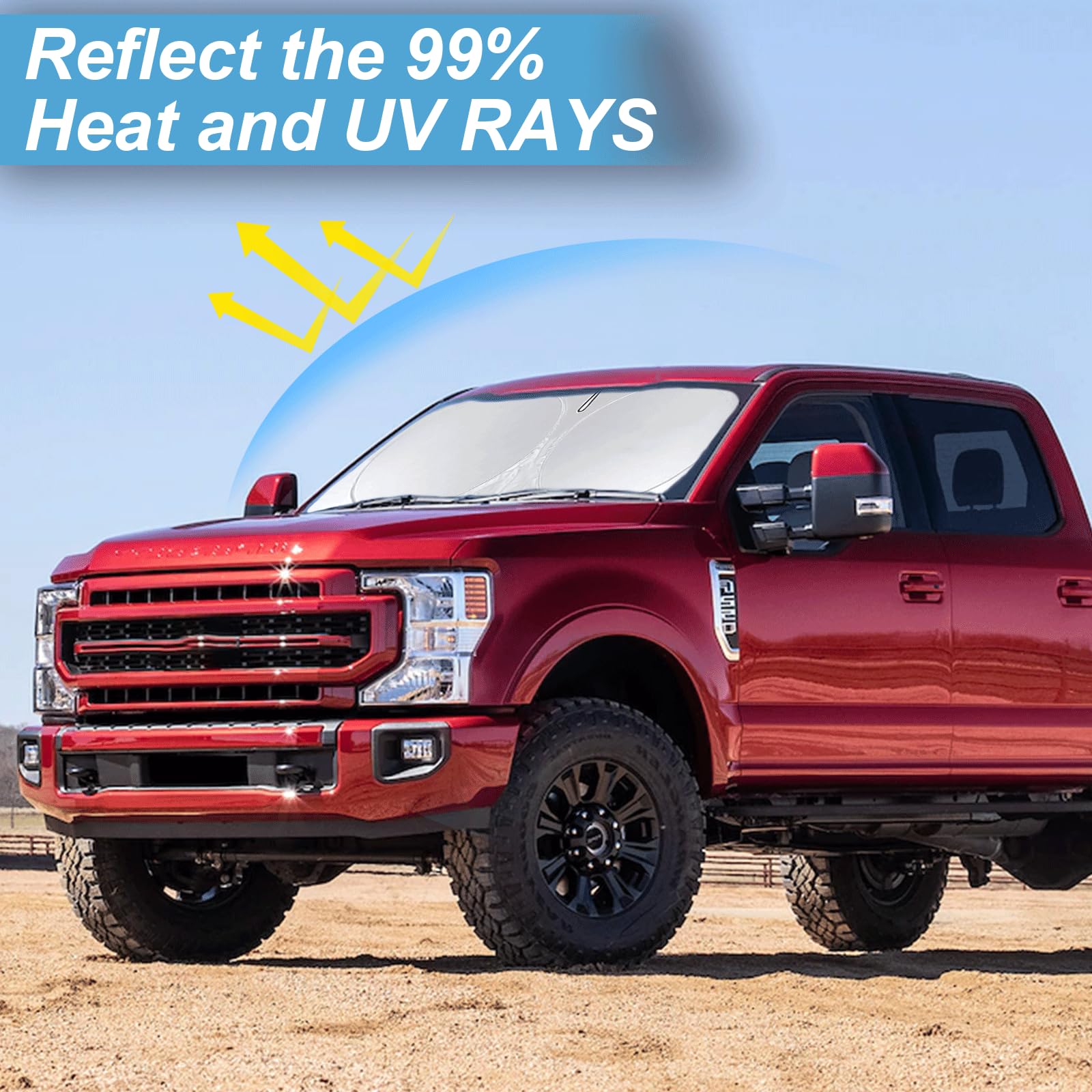 BOODANCARS Windshield Sun Shade for Ford F350/F250/F450/F550 2017-2025, Red, 210T Titanium Silver Polyester, UV Protection