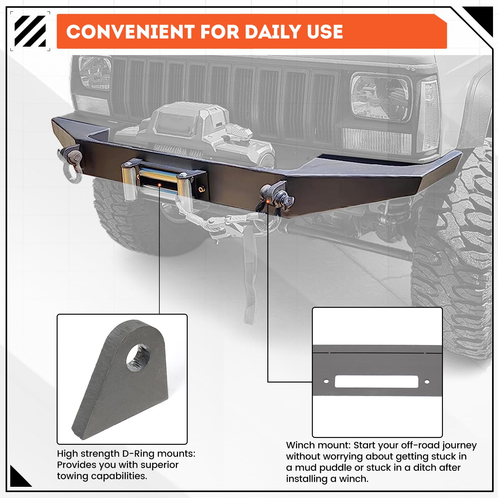 ECOTRIC Front Bumper Bare Metal Kit for 1984-2001 Jeep Cherokee XJ, Winch Mount Plate, Alloy Steel, Unpainted, Model VC-LYAM-260