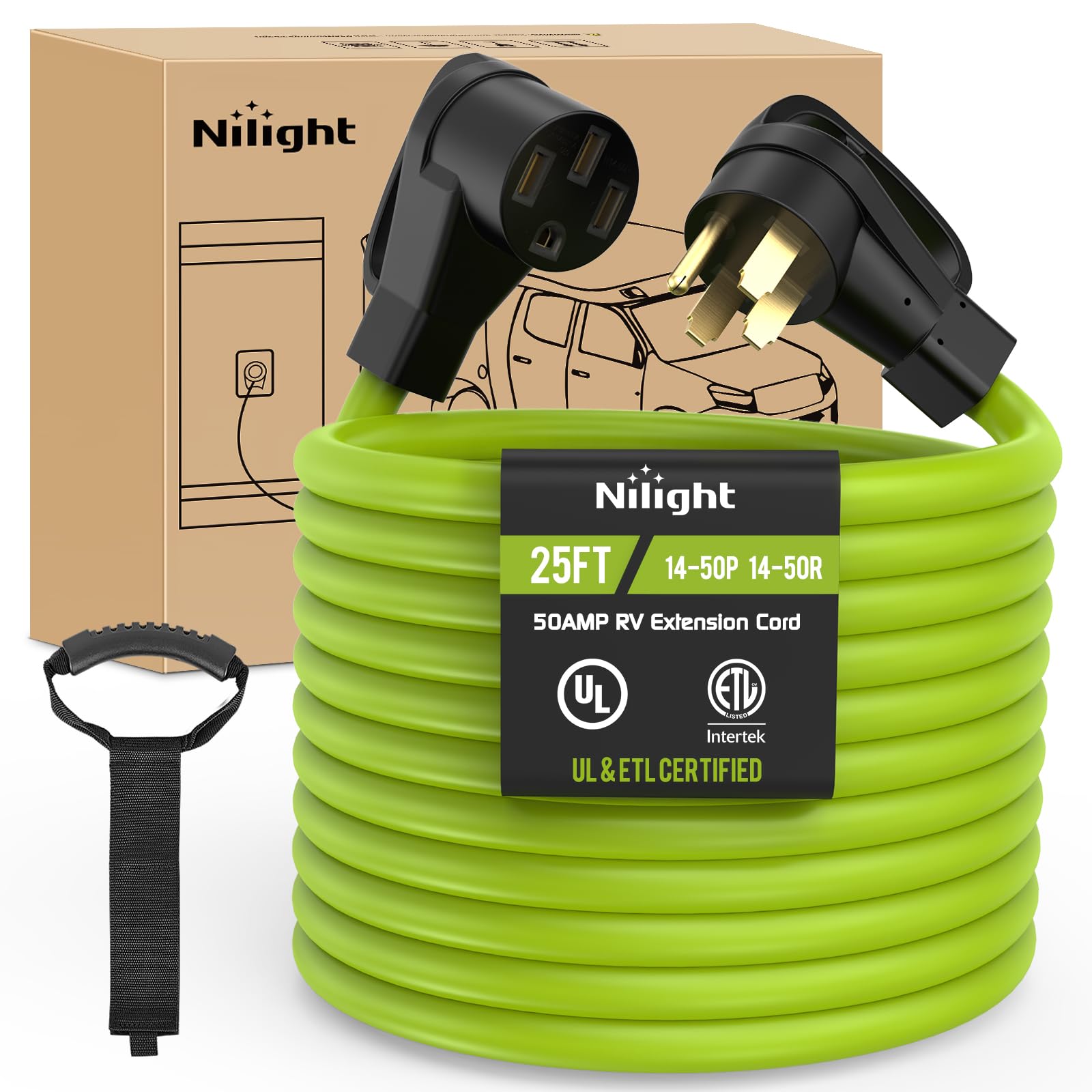 Nilight 25Ft 50 Amp Rv Extension Cord 250V Heavy Duty 6/3+8/1 Gauge Pure Copper Stw Wire Ul Etl Listed 4 Prong 14-50P 14-50R Wea