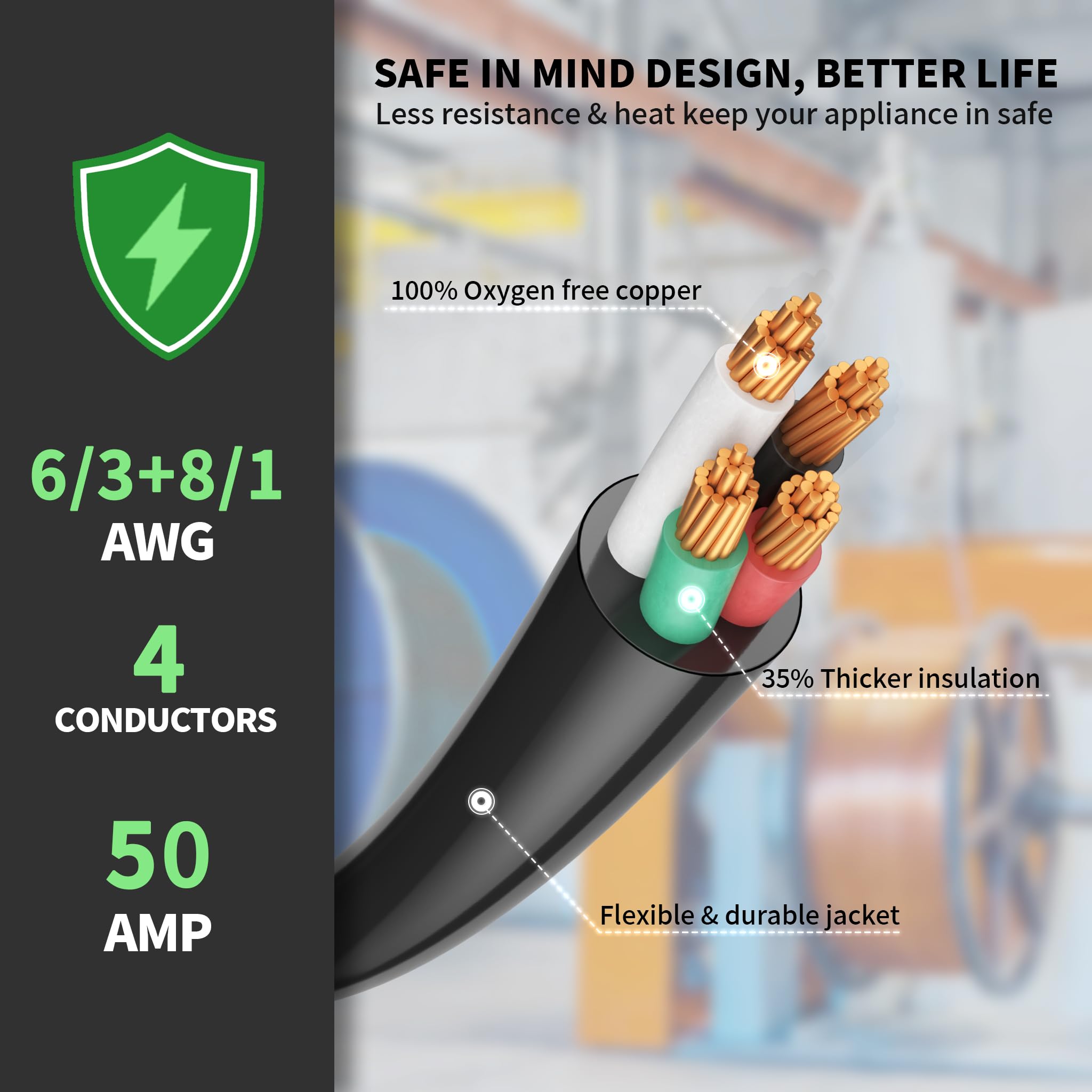 Powgrn 50 Amp Rv/Ev Extension Cord 25 Ft Outdoor With Grip Handle, Flexible Heavy Duty 6/3+8/1 Gauge Stw 4 Prong Rv Power Cord W