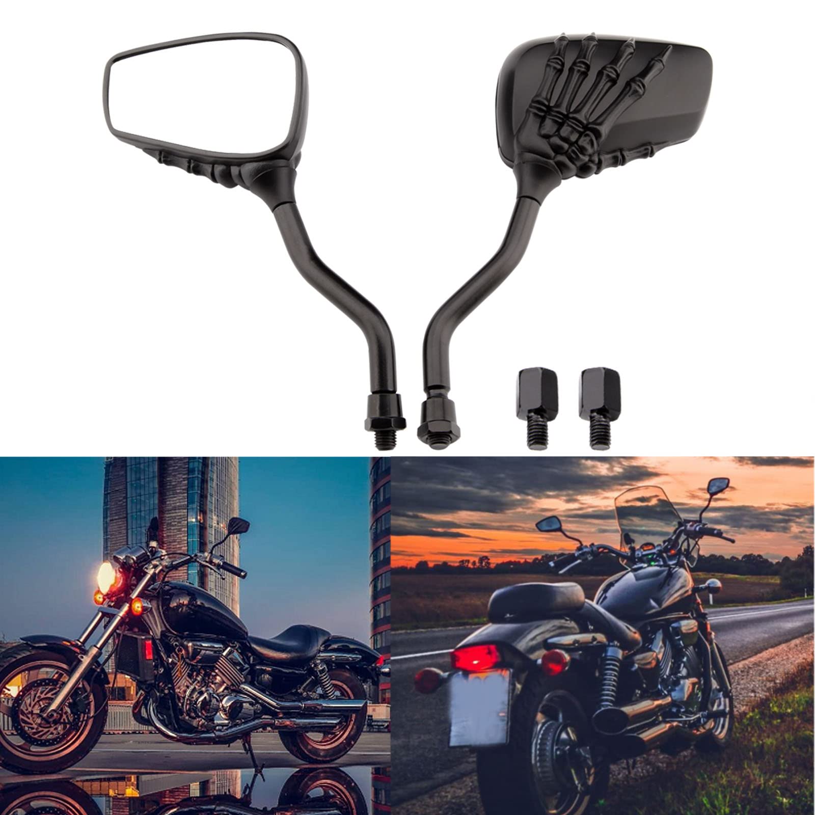 Black 8Mm/10Mm Motorcycle Skull Skeleton Rearview Side Mirrors For Scooter Chopper Bobber