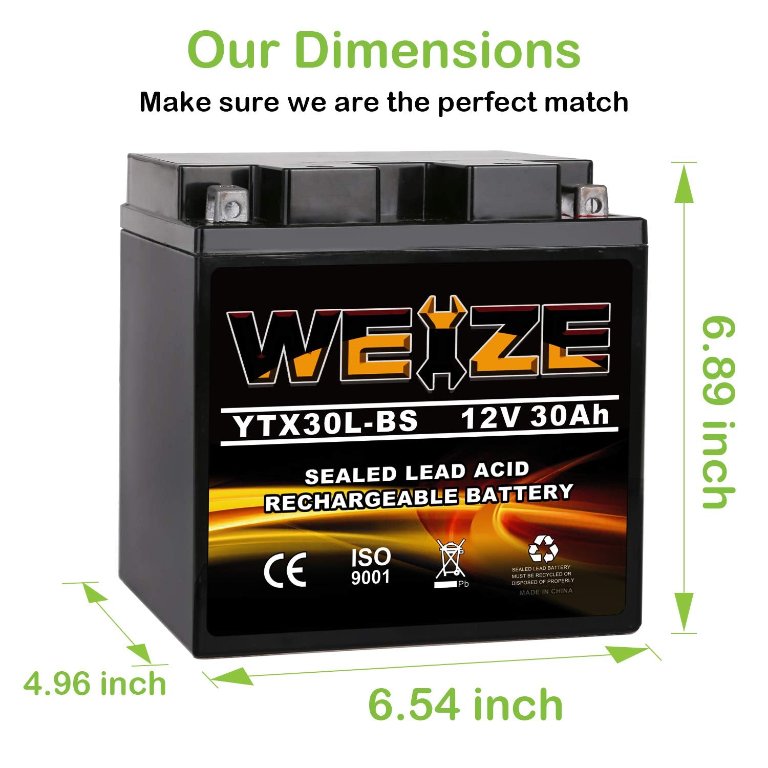 WEIZE YTX30L-BS Motorcycle Battery - Maintenance Free, High Performance, Black, Replacement for Harley Davidson & Polaris Sportsman