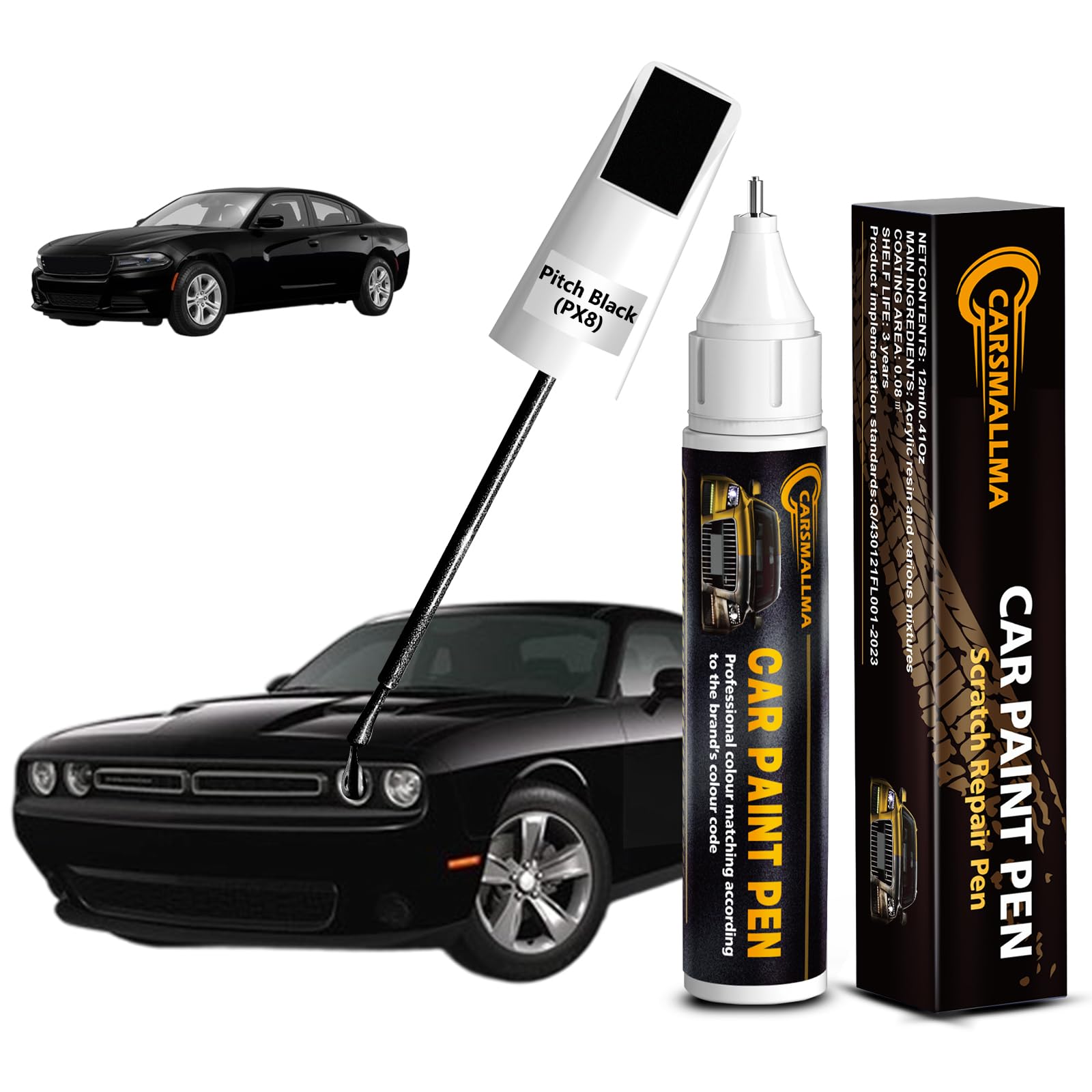 carsmallma Pitch Black(PX8) Car Touch Up Paint for Dodge, Color Accurate Car Paint Scratch Repair Pen Kit Quick & Easy Fix Vehic