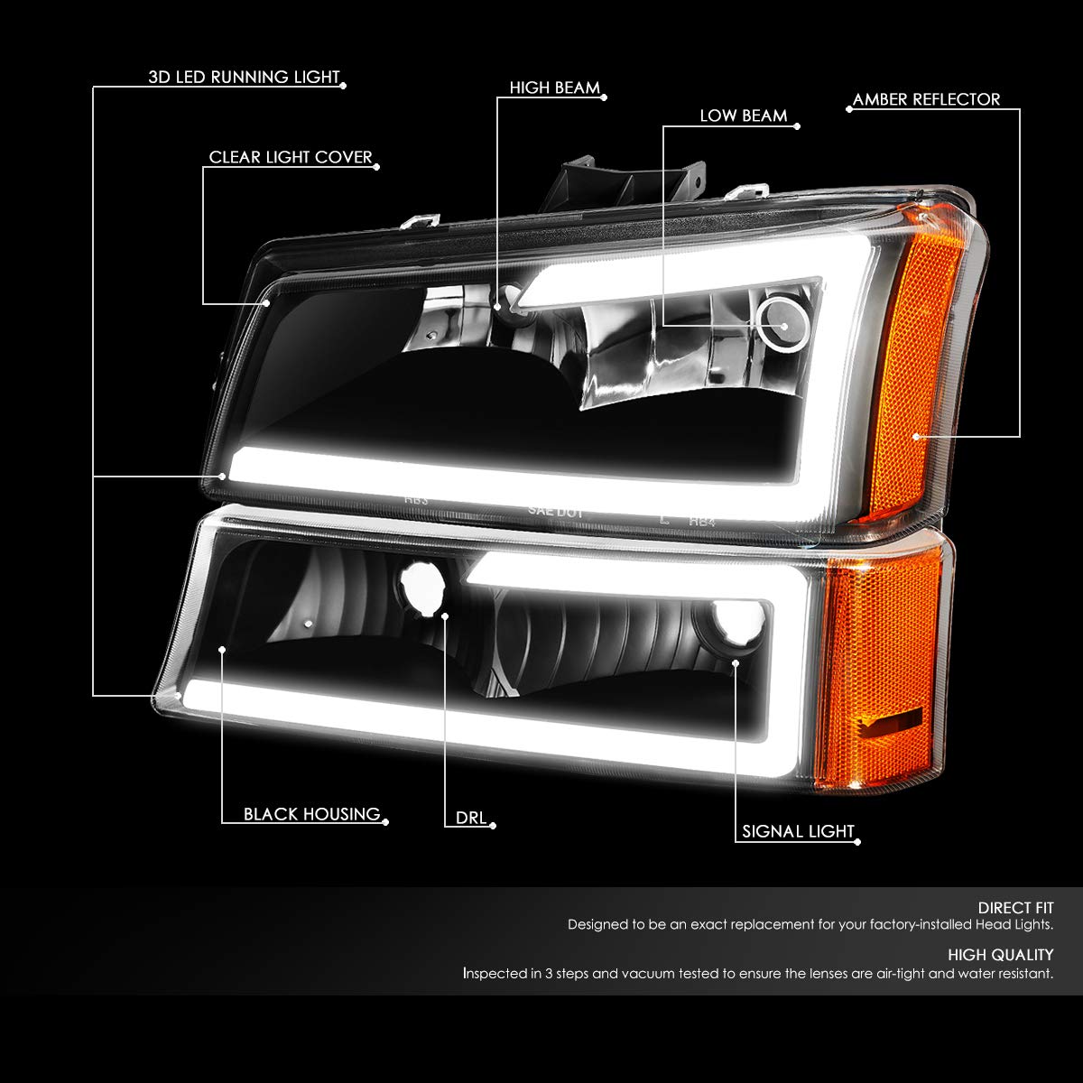 Dna Motoring Hl-Lb-Csil03-Bk-Am Black Amber 3D Led Drl Headlight Bumper Lamp Set Compatible With 03-06 Silverado 1500-3500 / Ava