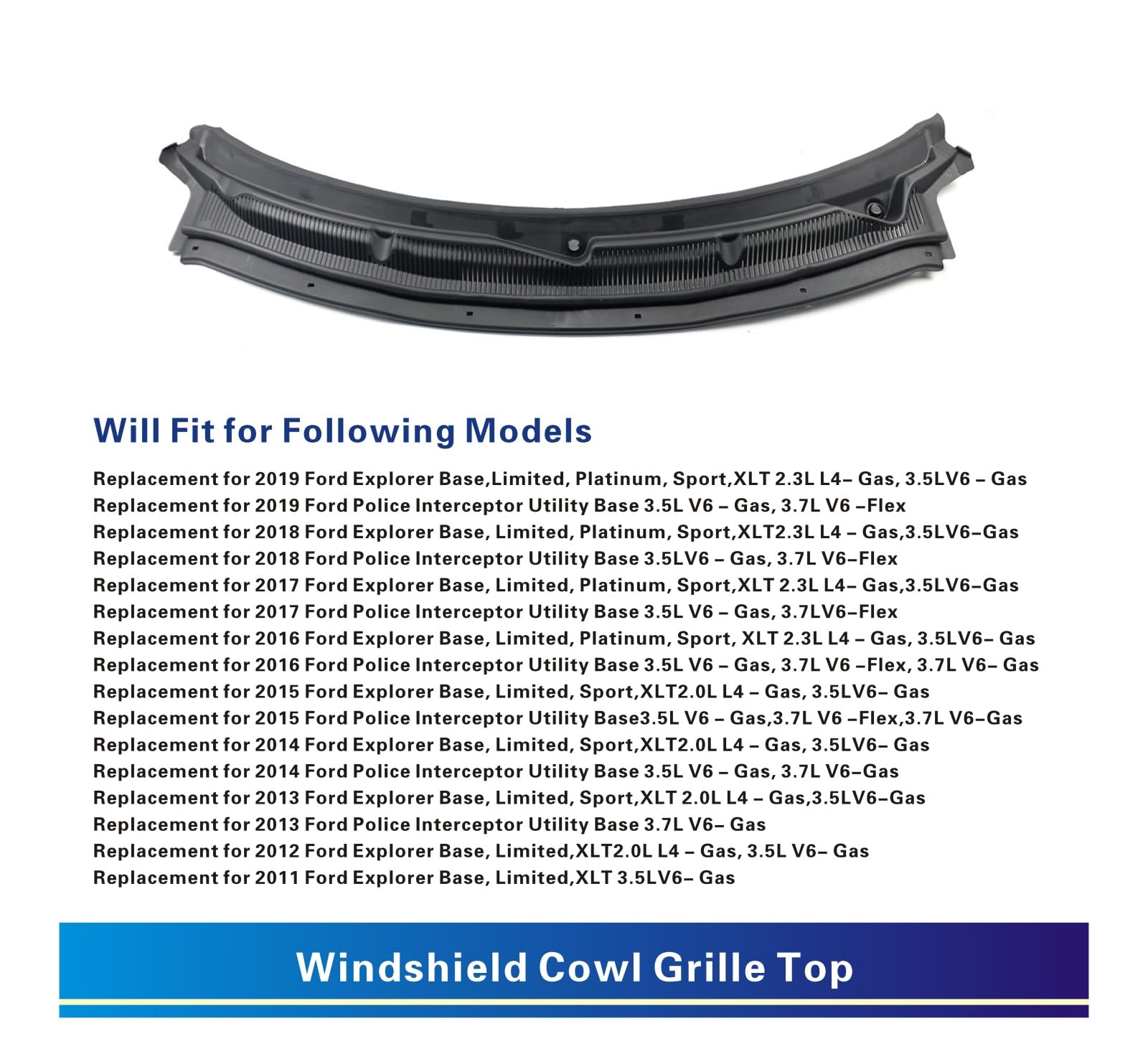 Sosega Windshield Cowl Grille Top Panel for Ford Explorer 2011-2019, Black, ABS Material, Replaces BB5Z-78022A68-AA