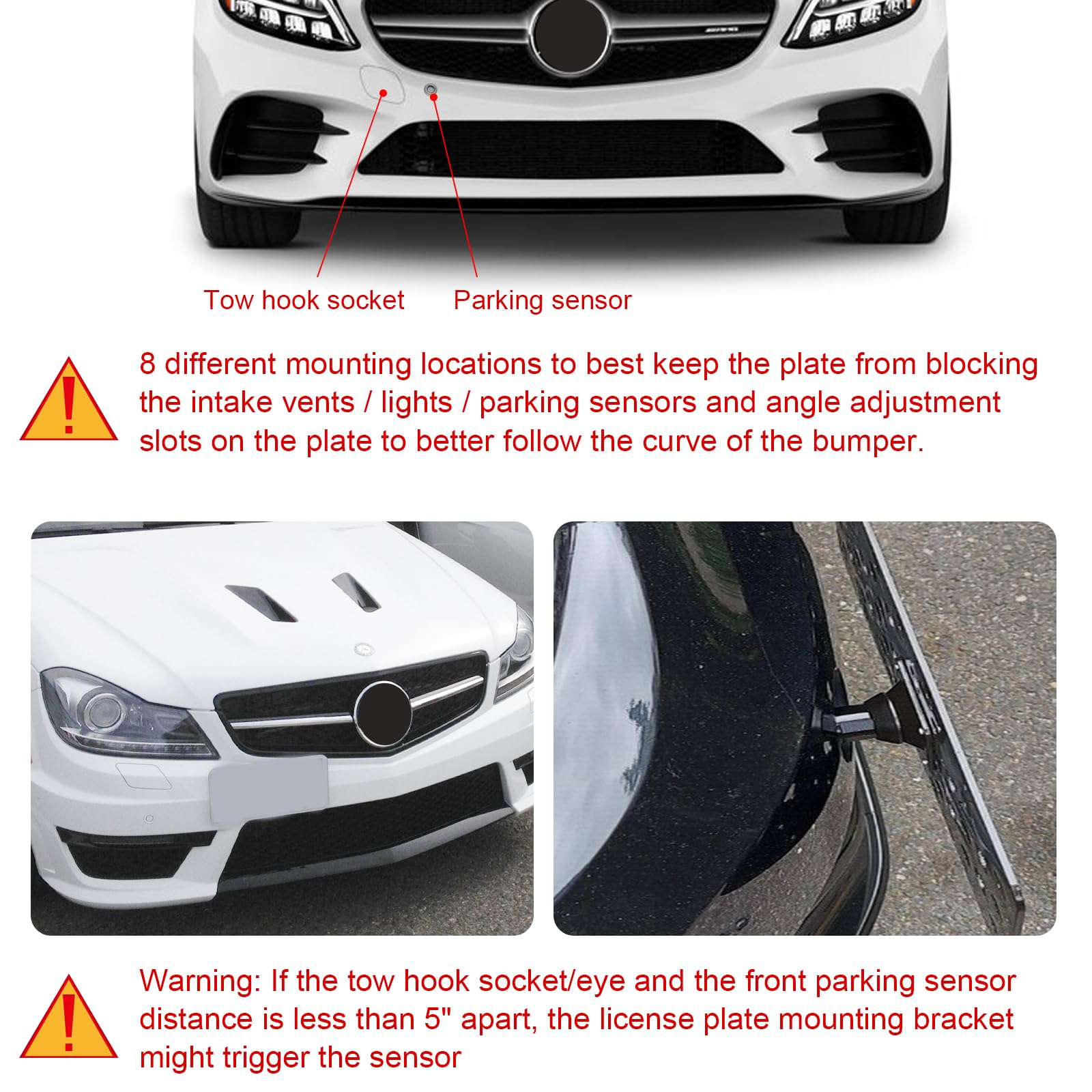 Xotic Tech License Plate Mounting Bumper Tow Hook Bracket Compatible With Mercedes W205 C-Class, X204 Glk-Class, X205 Glc-Class, W212 W213 E-Class, W166 Gle-Class, Black