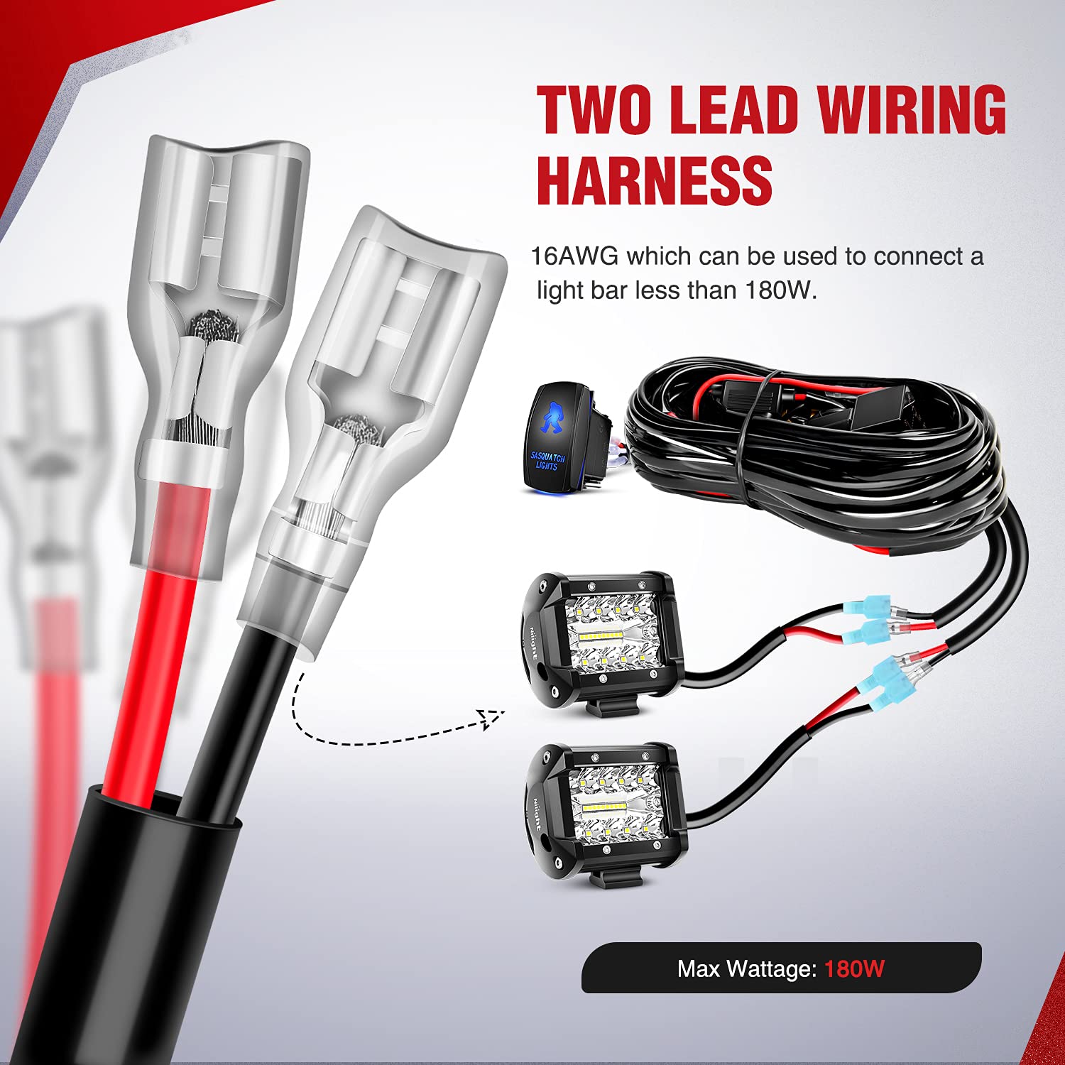 Nilight - 10013W Ni -Wa 07 Led Light Bar Wiring Harness Kit Sasquatch Lights 12V 5Pin Rocker Laser On Off Waterproof Switch Powe