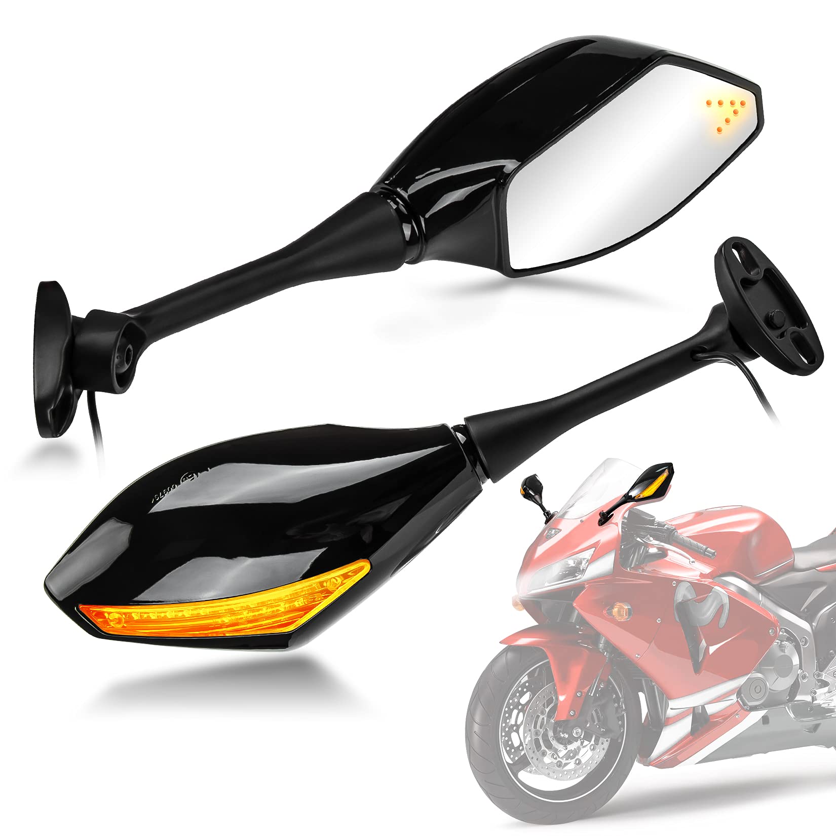 PSLER Motorcycle Rear View Mirrors with LED Light for CBR600RR F4 F4I and for most Sport Bike Rear Mirror Replacement (Bright Bl