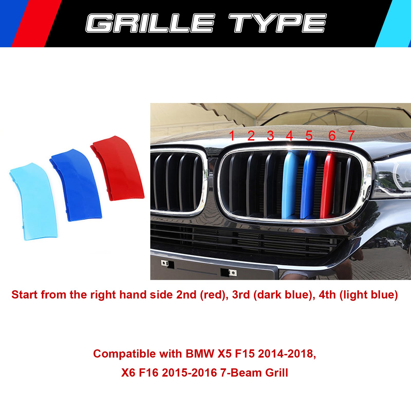 Xotic Tech M-Colored Tri Grille Insert Trims Strips, Front Center Kidney Grilles Compatible with BMW X5 F15 2014-2018, X6 F16 20