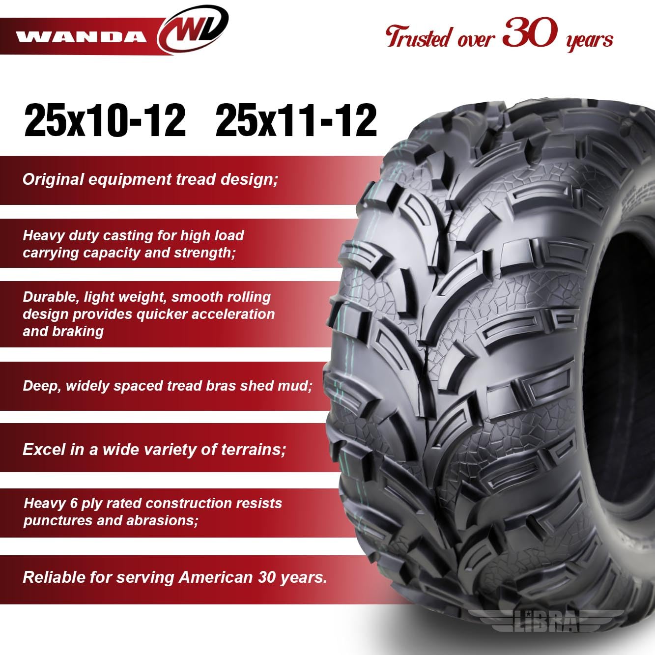 Wanda Set Of 4 New Atv/Utv Tires 25X10-12 Front & 25X11-12 Rear /6Pr P373