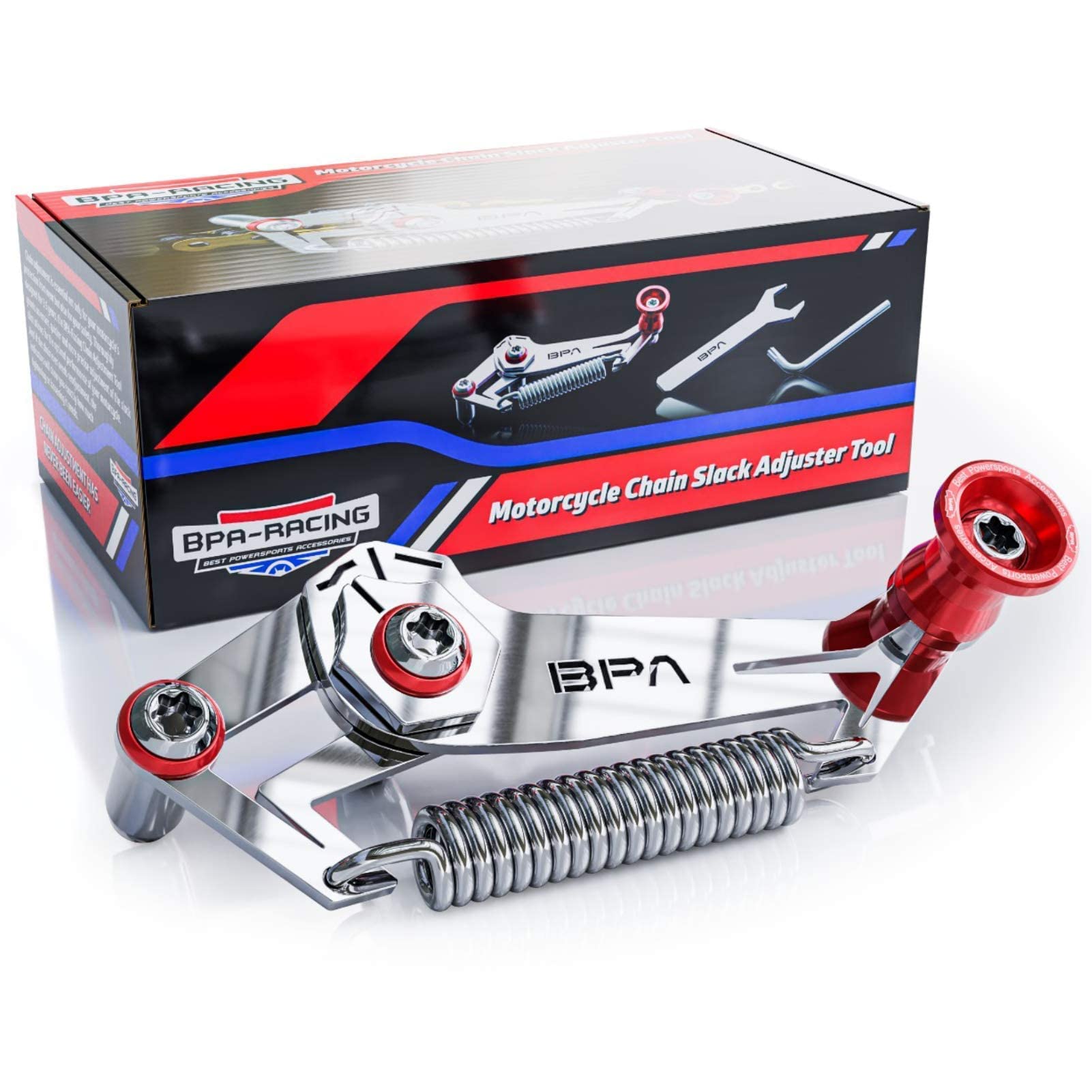 BPA-RACING Motorcycle Chain Slack Adjuster Tool - Stainless Steel, Red, Model BPA_SLACK for Quick & Precise Chain Tensioning