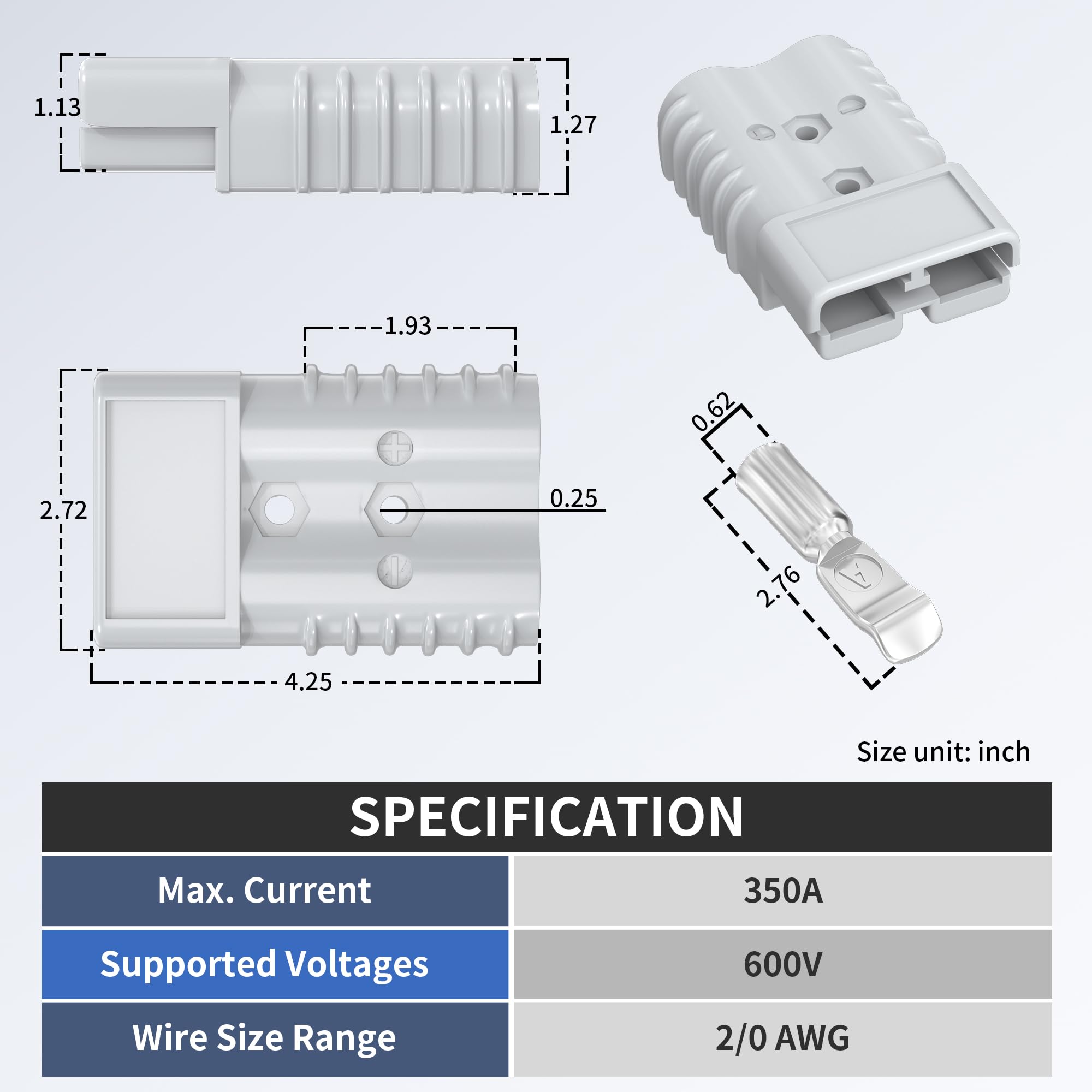 RVBOATPAT 2PCS 350A Battery Cable Connector Kit - Quick Connect/Disconnect, Copper, Gray 350A, Model AP-350