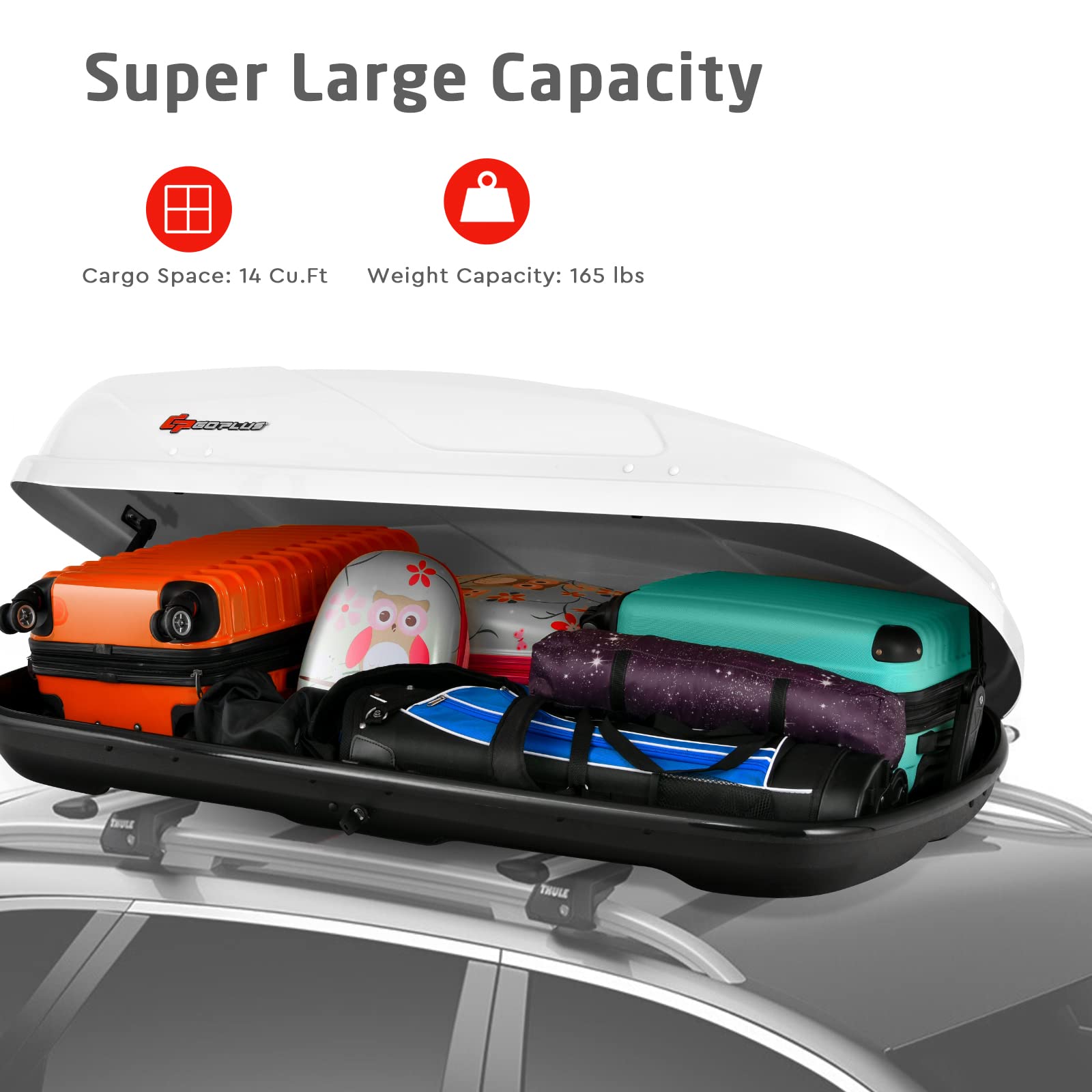 Goplus Rooftop Cargo Carrier, 14 cu ft Waterproof Hard Shell, Dual Side Opening, 165LBS Capacity, Fits 17”-22.8” Crossbar Rack, White