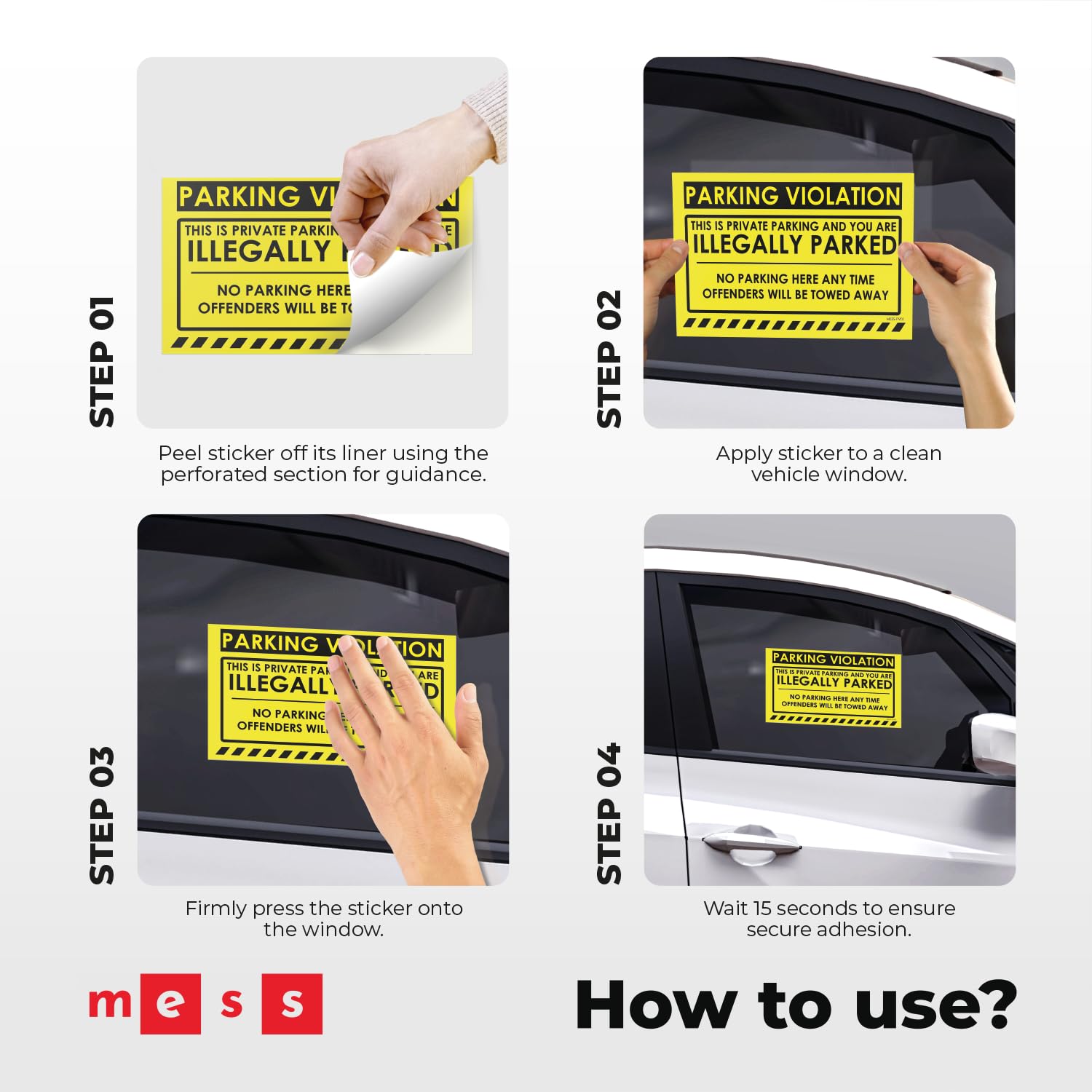 MESS Parking Violation Stickers - 100 Super Sticky Warning Stickers, Yellow, 8x5 in, Hard to Remove for Towing Illegally Parked Cars