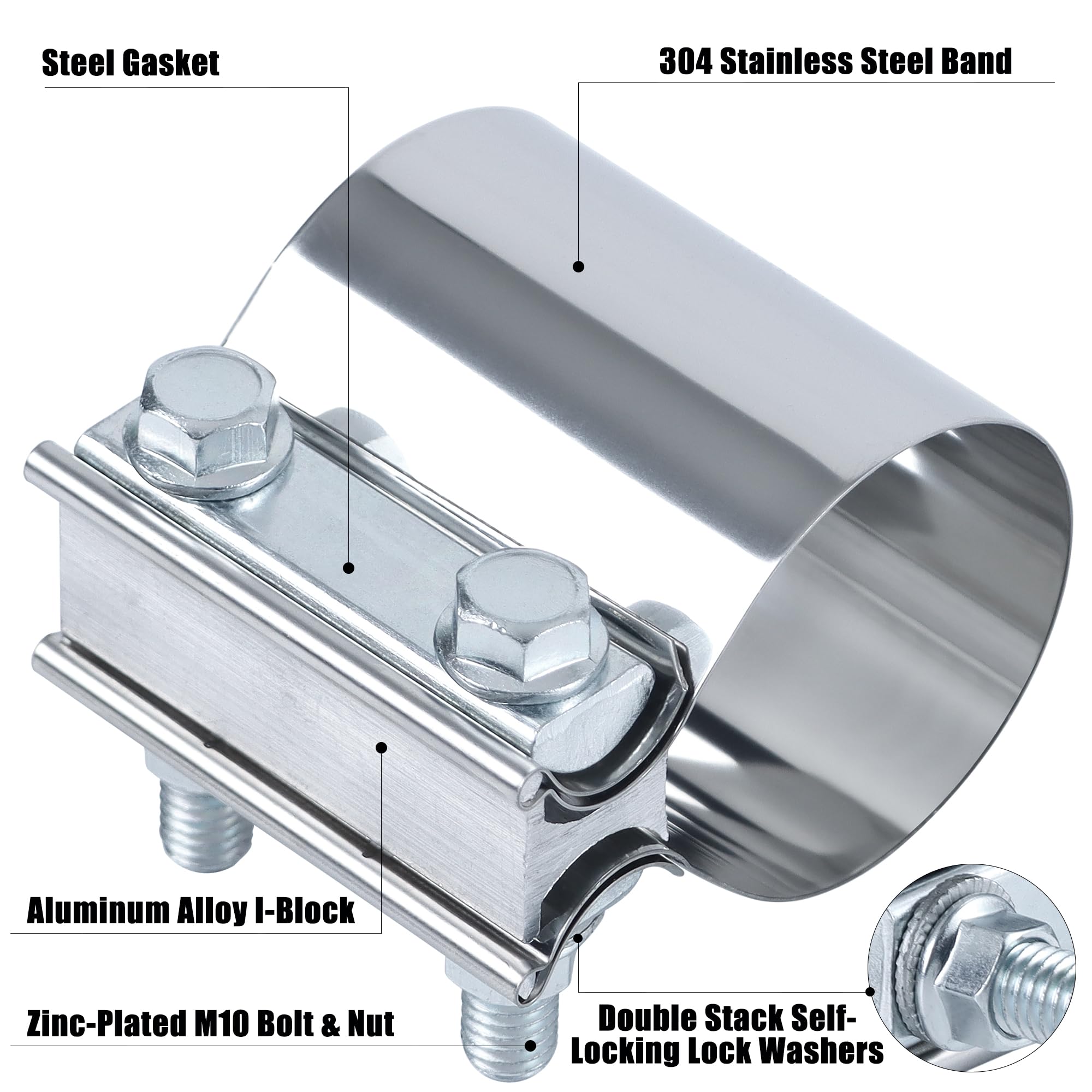 Vitonsbay 2.25 Inch Exhaust Clamp, 2 1/4 Inch Butt Joint Exhaust Pipe Muffler Band Clamp Sleeve Coupler Stainless Steel(2Pcs)