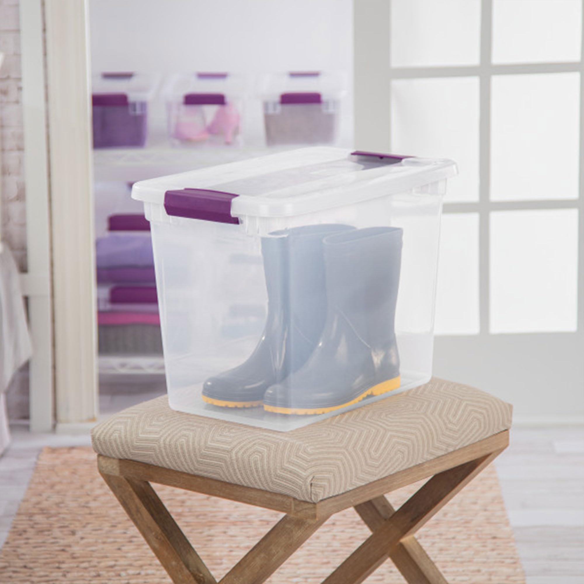 Sterilite Large Clip Box, Stackable Small Storage Bin With Latching Lid, Plastic Container To Organize Paper, Office, Clear Base