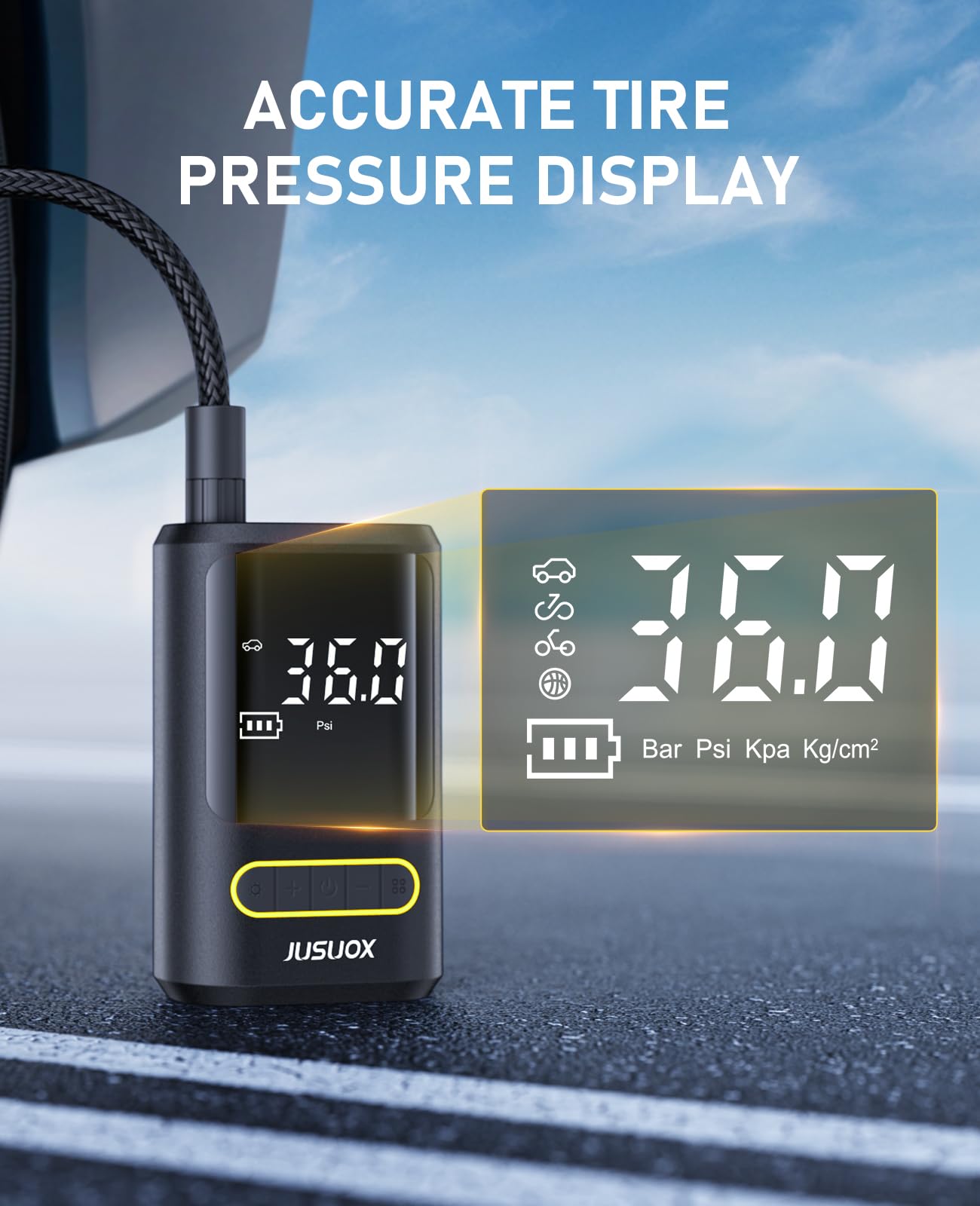 JUSUOX Portable Tire Inflator, 150 PSI Electric Bike Pump with Digital Gauge, Small, Model ATJ-8466, Auto Shutoff, LED Light