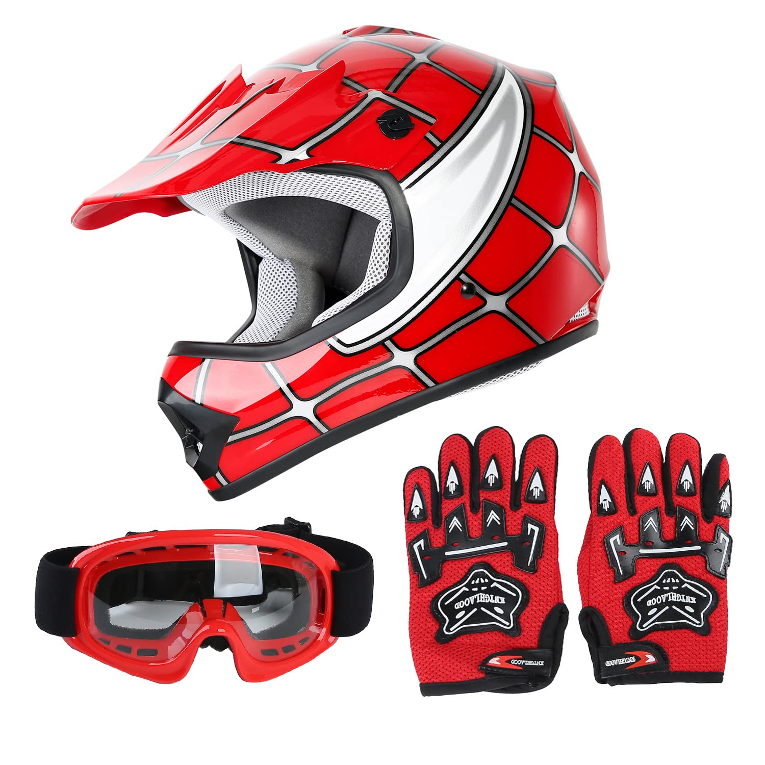Slmoto Dot Youth Kids Helmet Motocross Offroad Street Helmet Motorcycle Helmet Dirt Bike Motocross Atv Red Spider Design Helmet+Goggles+Gloves X-Large