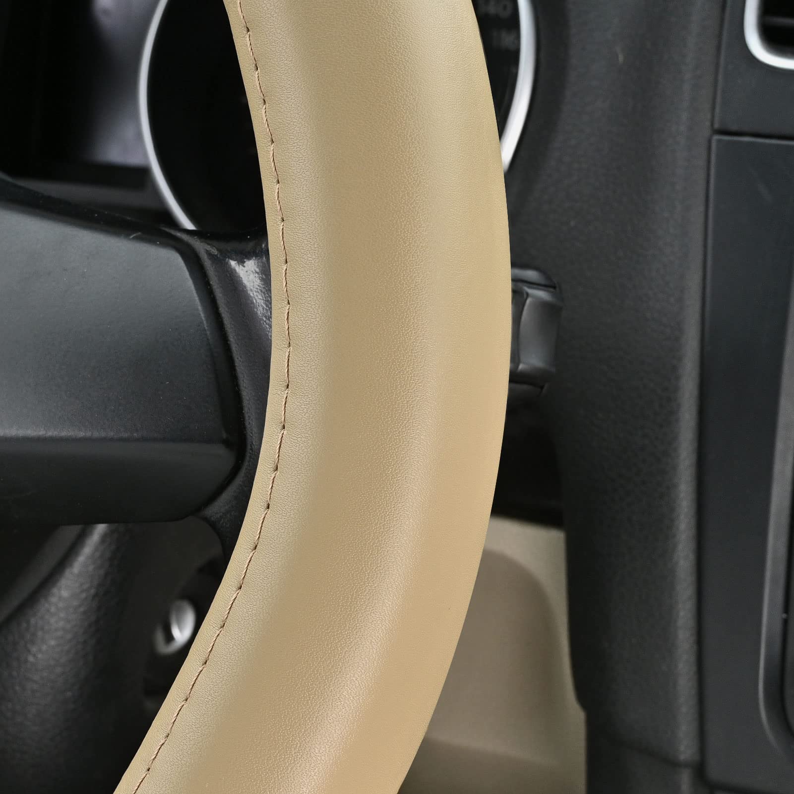 Haokay Heavy Duty Pure Cowhide Steering Wheel Cover Suv Car, Beige Genuine Leather Steering Wheel Cover Men Women Universal 14.5