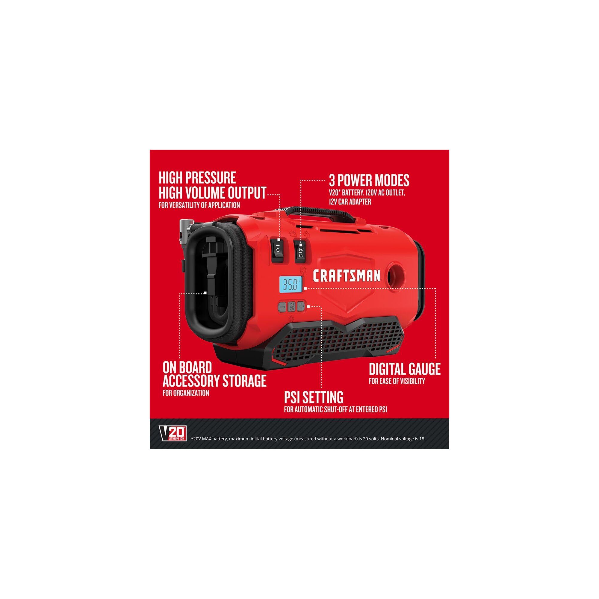 Craftsman V20 Tire Inflator, Compact Portable Design, Digital PSI Gauge, Model CMCE520B, Red, Automatic Shut Off