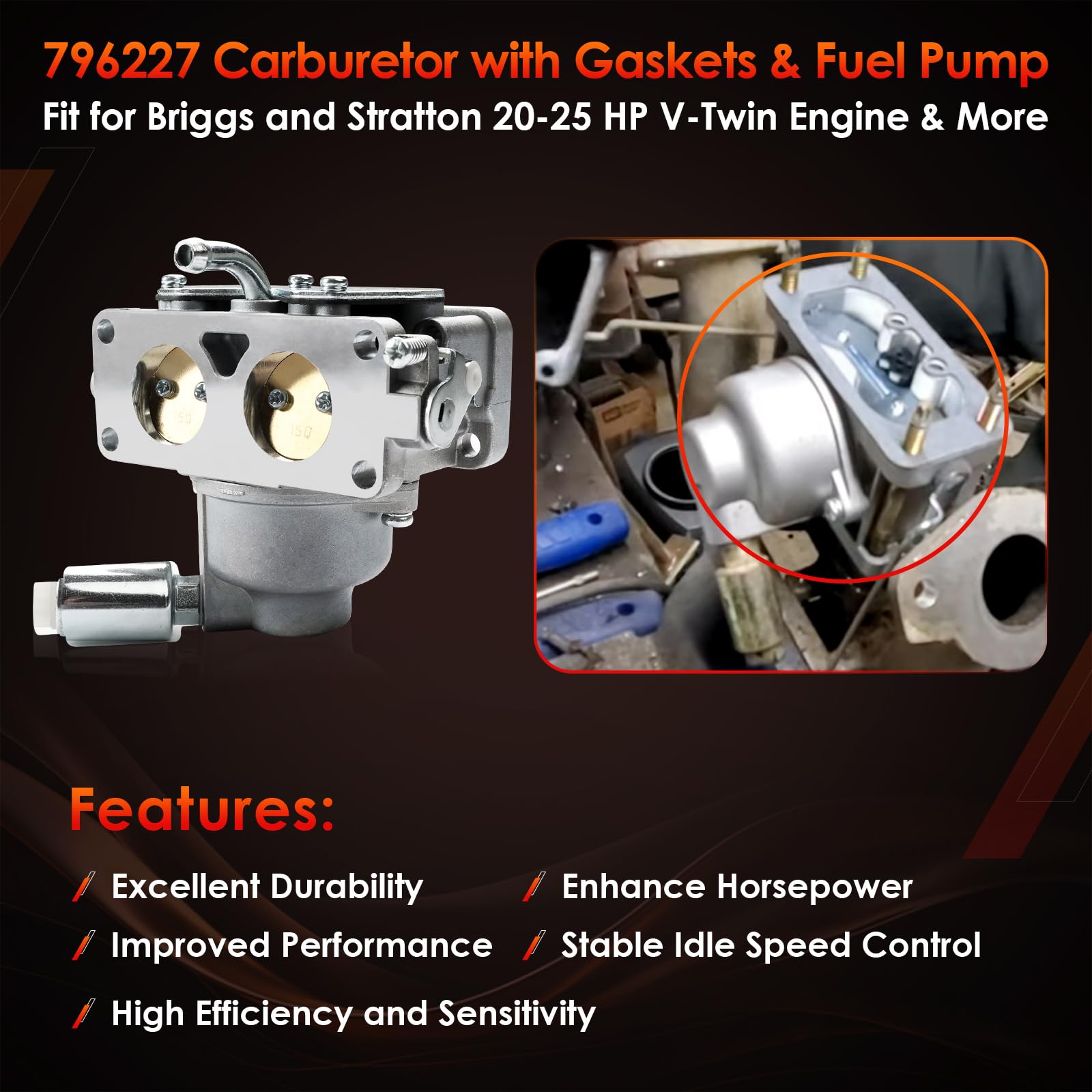 796227 Carburetor, Compatible With B&S Lawn Tractor V-Twin Engines 405777 406777 407777 40N877 40R877 445677 445877 44L777 44M77