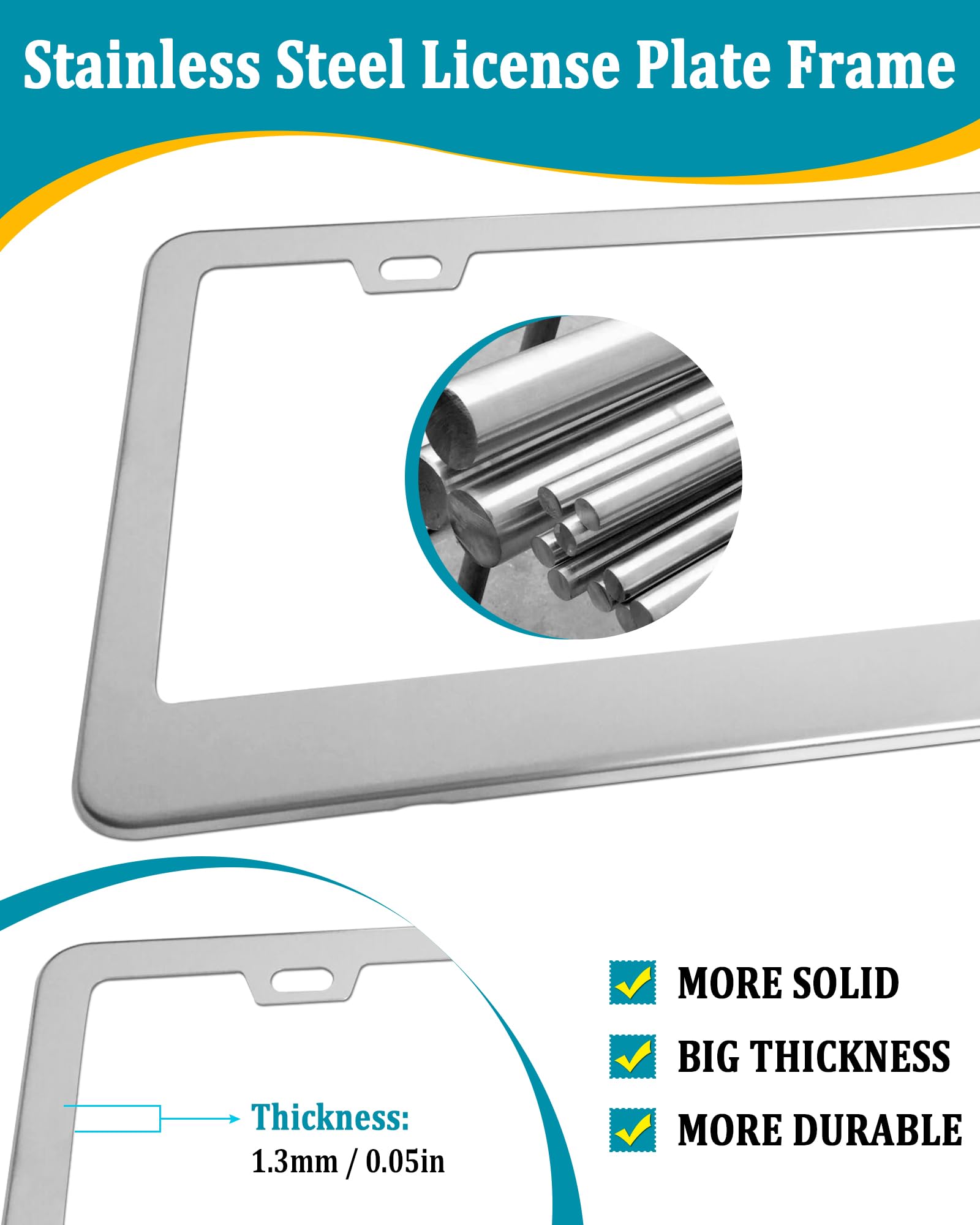 Aootf Stainless Steel License Plate Frames- Heavy Duty Polish Mirror Car Tag Cover With Chrome Screw Caps, 2 Hole 2 Pack Front &