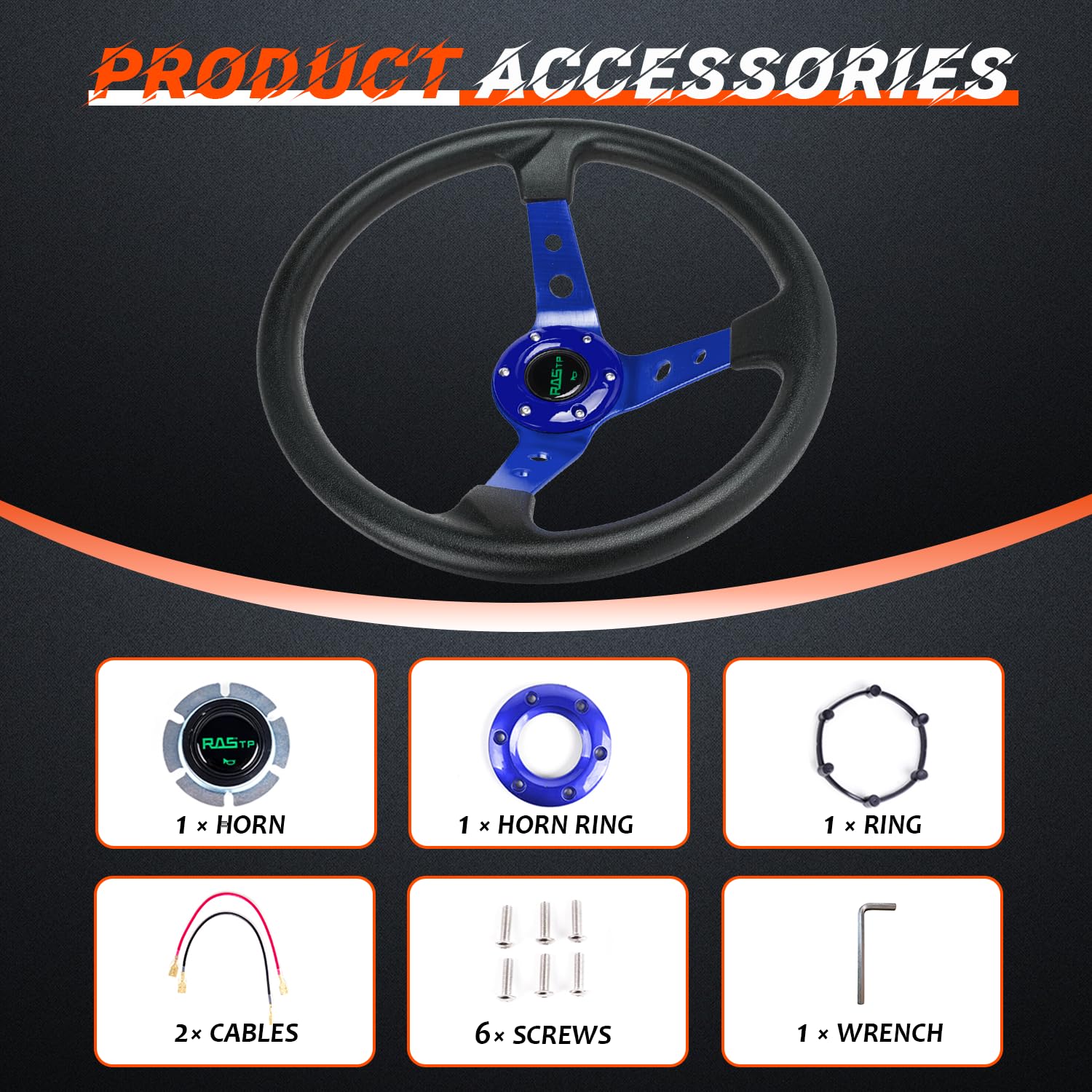 RASTP Universal Racing Steering Wheel 13.8" Blue Vinyl Leather & Aluminum, Drifting Deep Dish, Model RS-STW020-TP-Blue